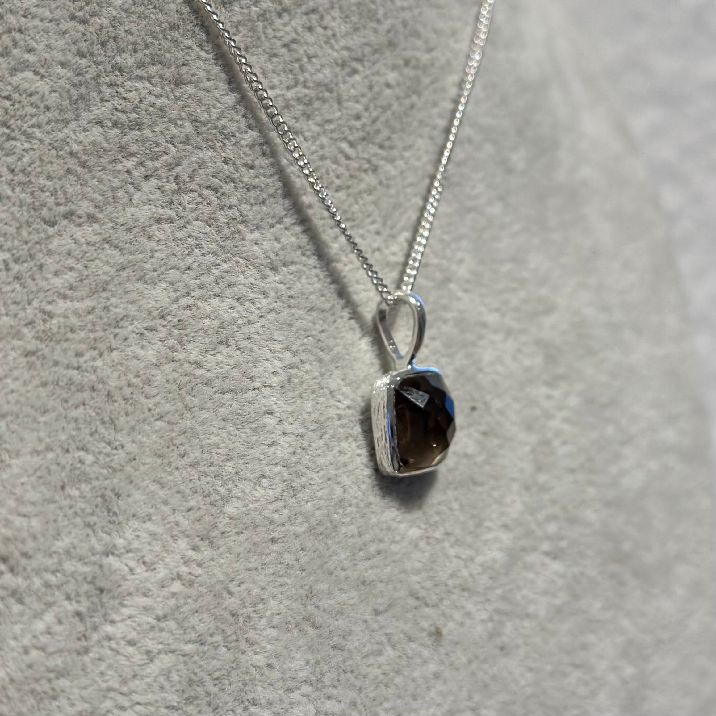 Sterling Silver Pendant Necklace with a Faceted Square Gemstone - Smoky Quartz