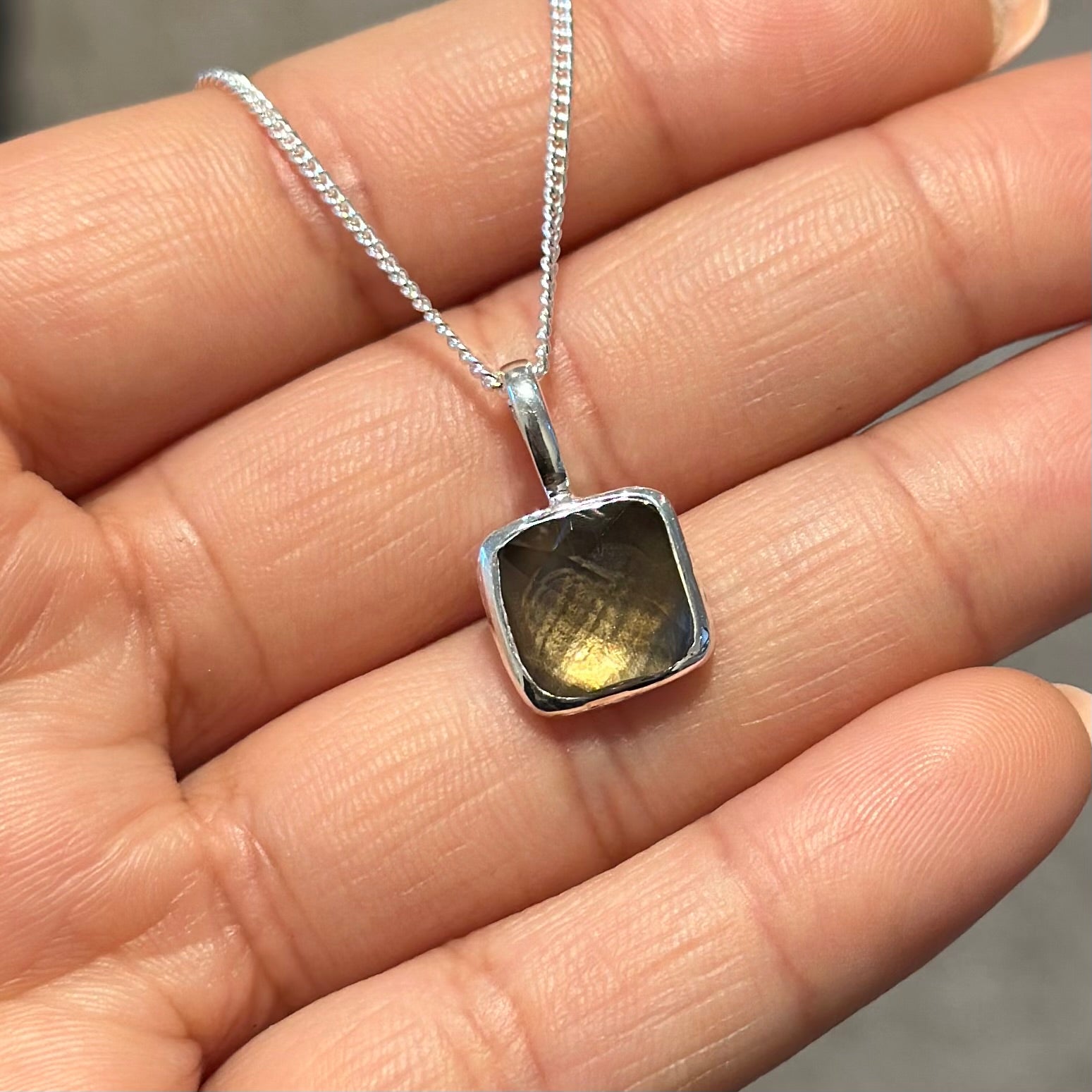 Sterling Silver Pendant Necklace with a Faceted Square Gemstone - Smoky Quartz