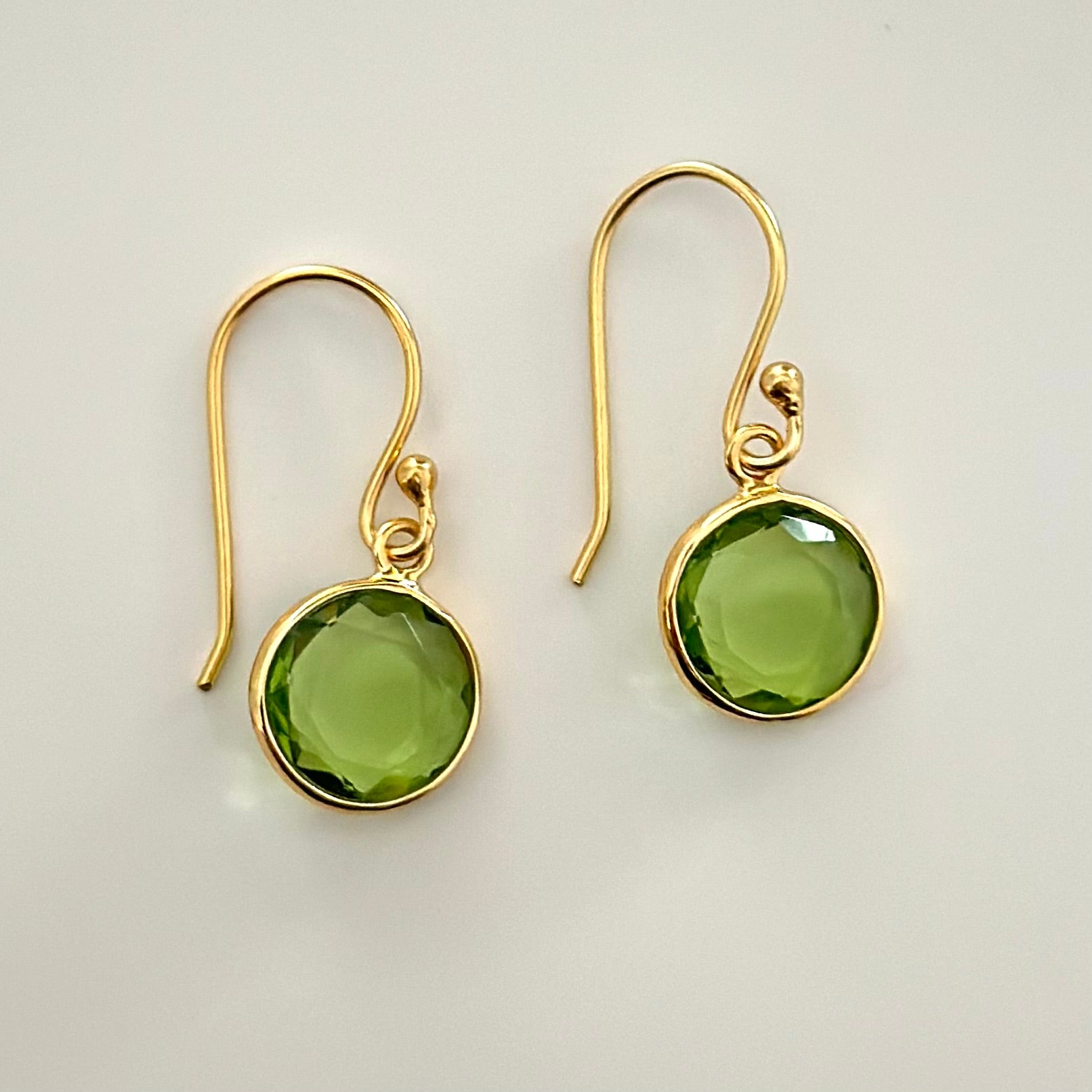 Peridot Gold Plated Sterling Silver Earrings with a Round Faceted Gemstone Drop - Milina London