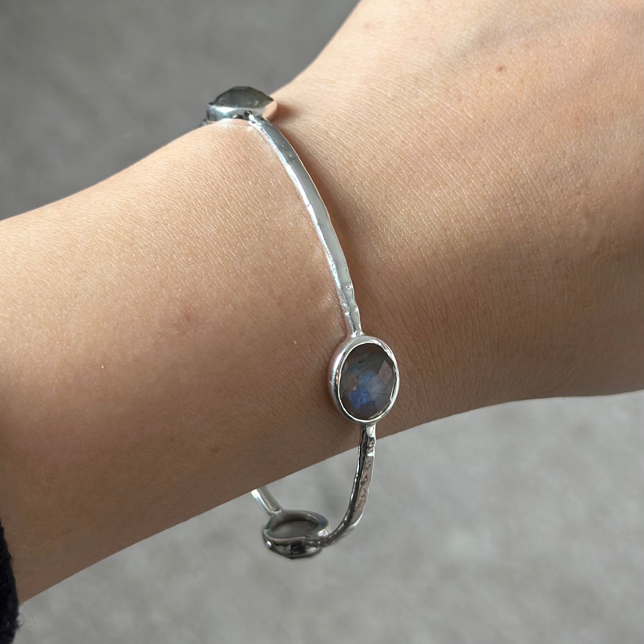 Labradorite Gemstone Bangle in Sterling Silver - Milina London 