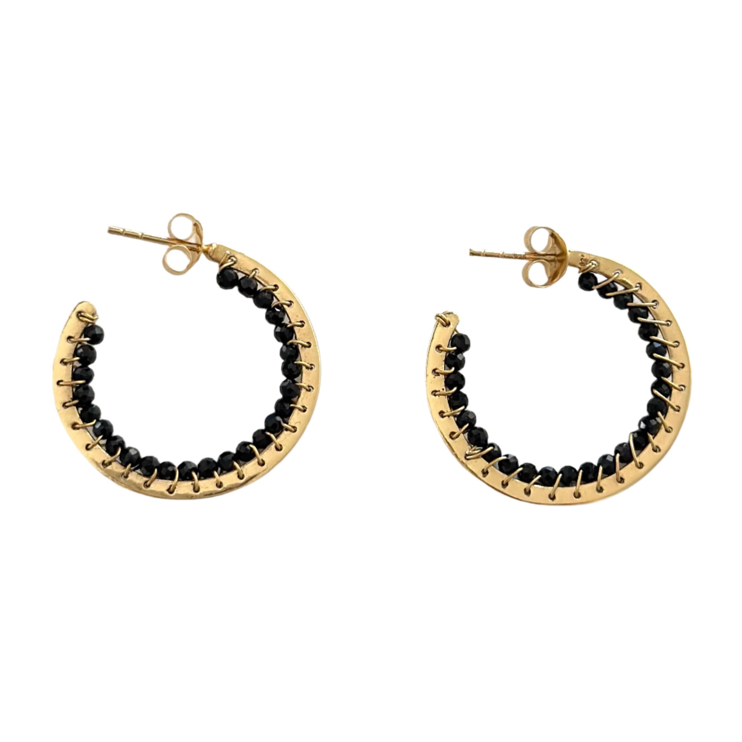 Hoop Earrings in Gold Plated Sterling Silver with Black Spinel Gemstone