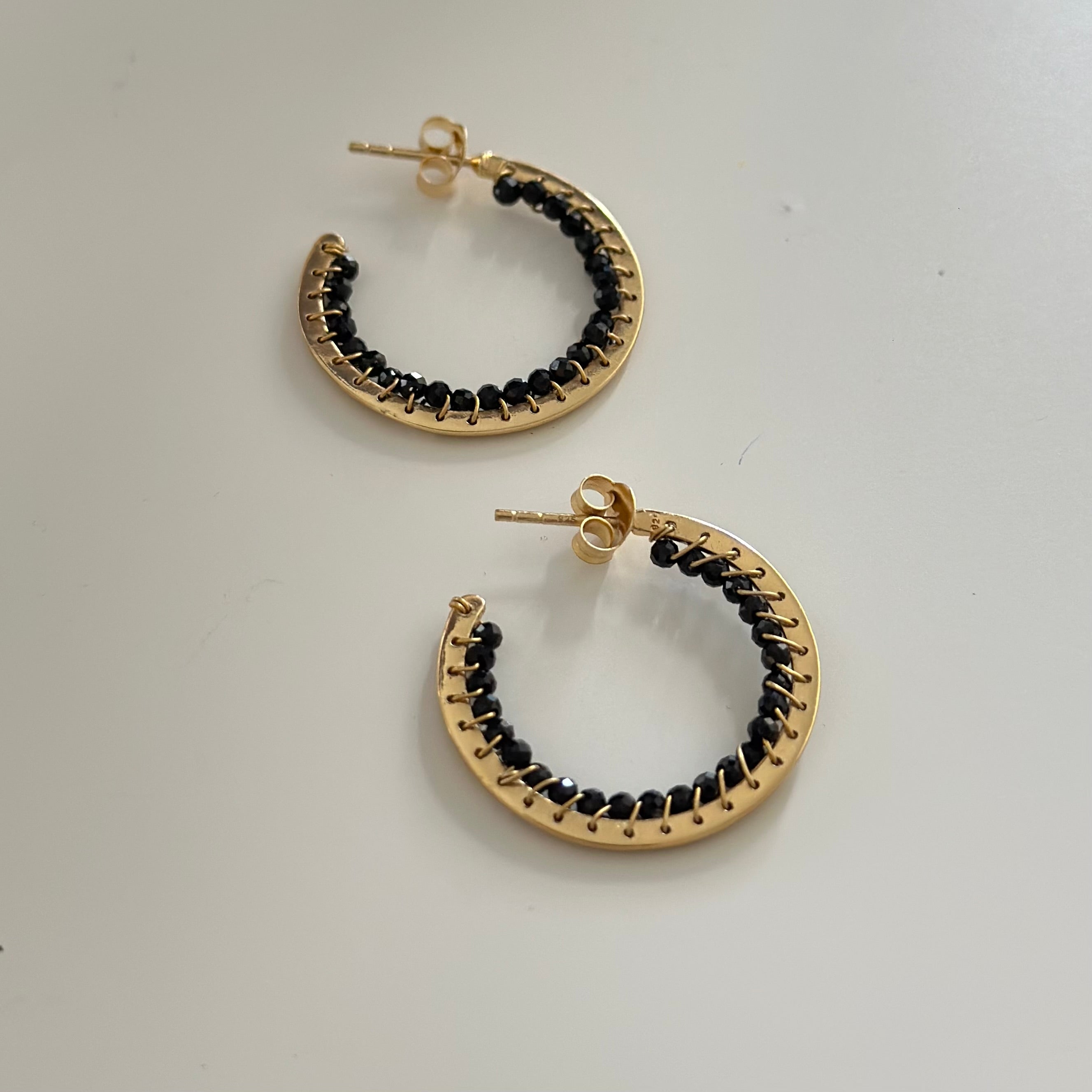 Hoop Earrings in Gold Plated Sterling Silver with Black Spinel Gemstone