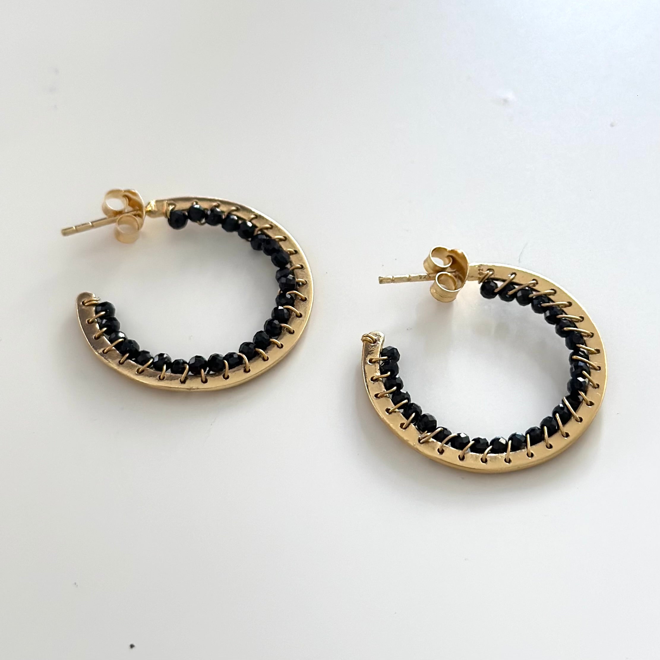 Hoop Earrings in Gold Plated Sterling Silver with Black Spinel Gemstone