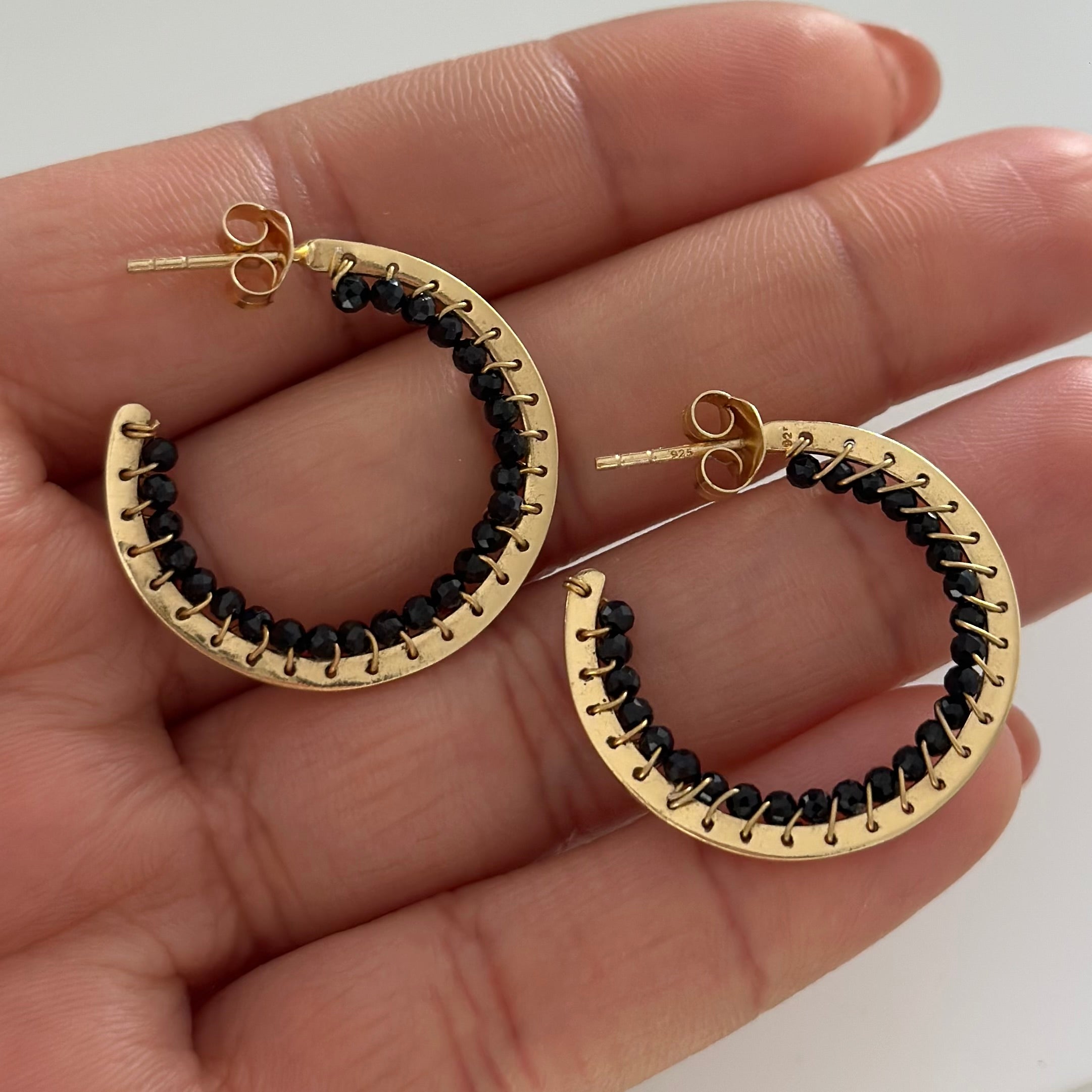 Hoop Earrings in Gold Plated Sterling Silver with Black Spinel Gemstone