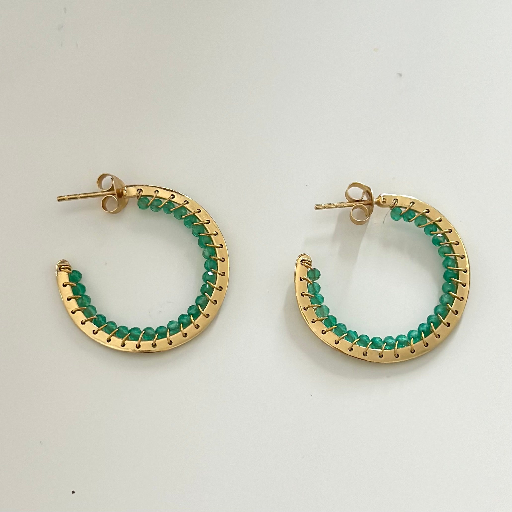 Hoop Earrings in Gold Plated Sterling Silver with Green Onyx Gemstone