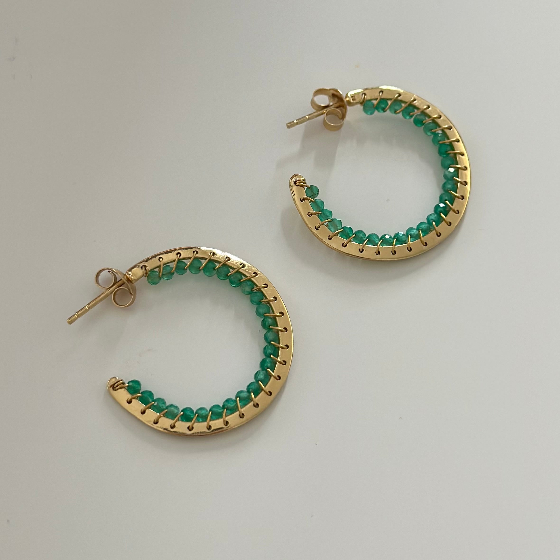 Hoop Earrings in Gold Plated Sterling Silver with Green Onyx Gemstone