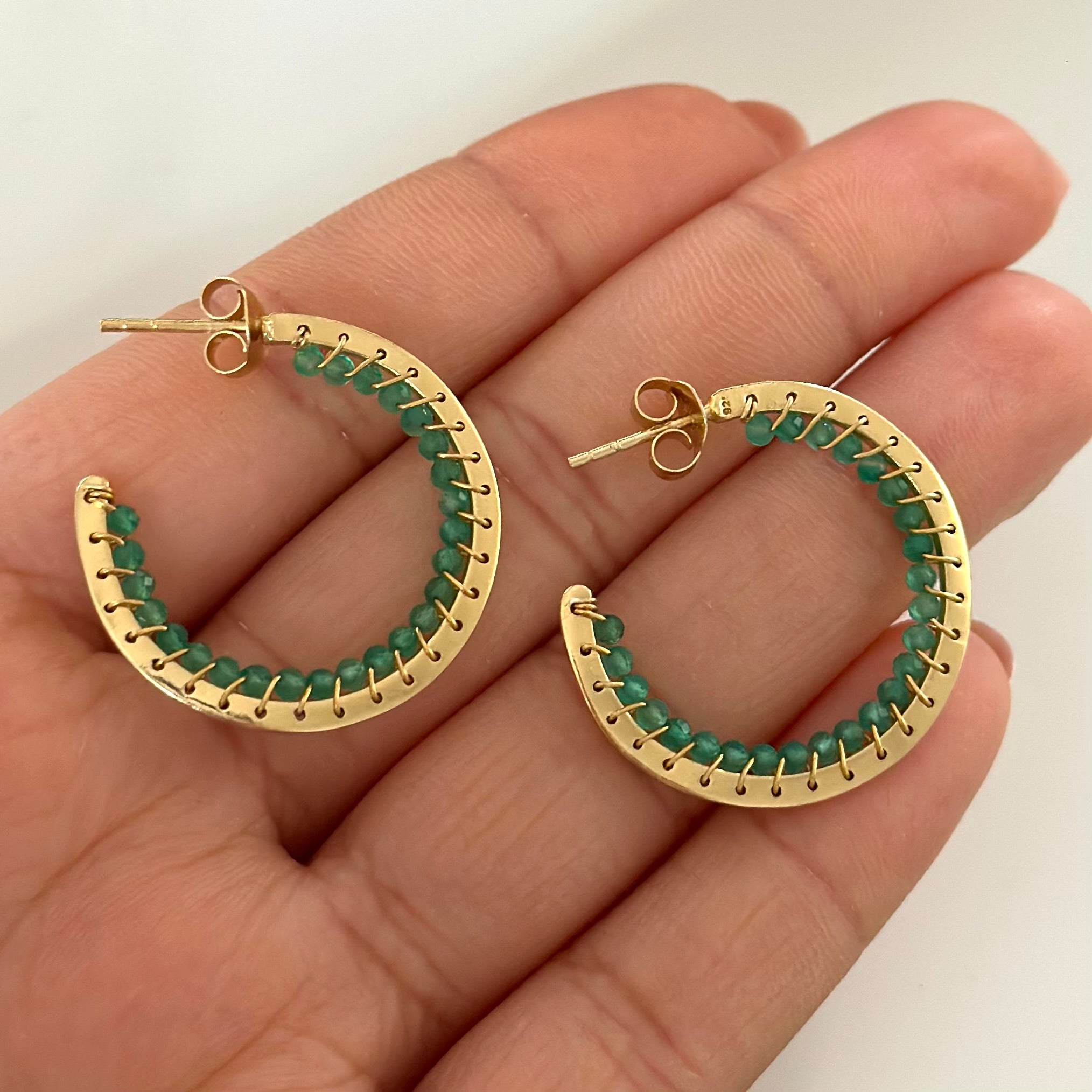 Hoop Earrings in Gold Plated Sterling Silver with Green Onyx Gemstone