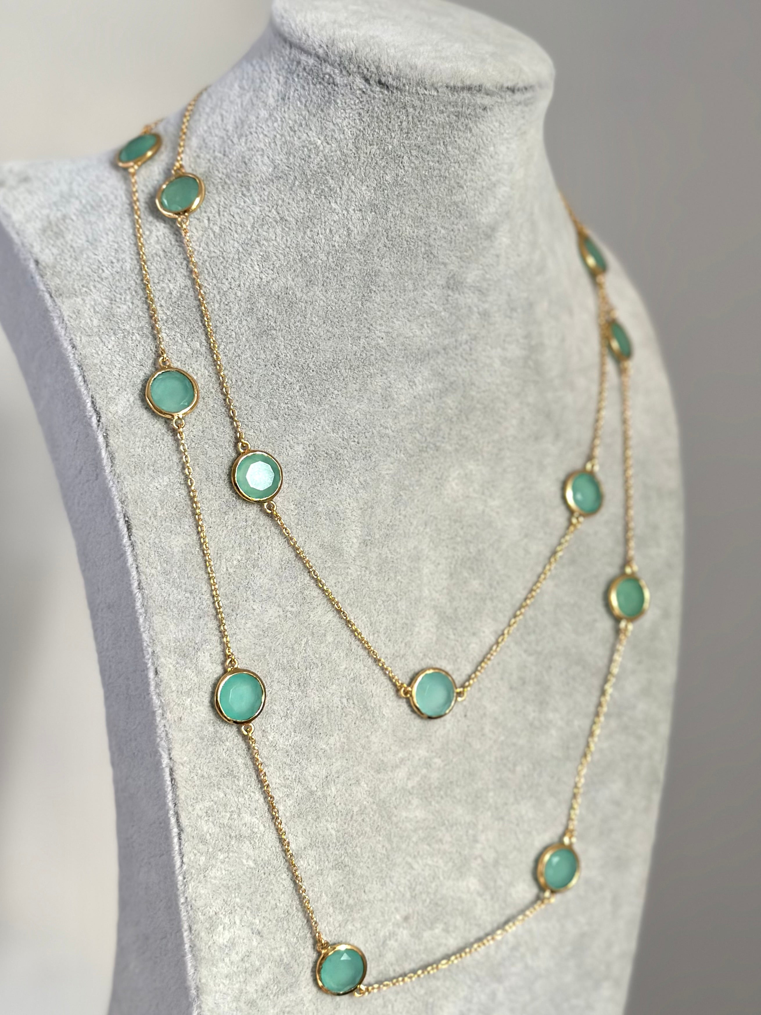 Aqua Chalcedony Gemstone Necklace in Gold Plated Sterling Silver