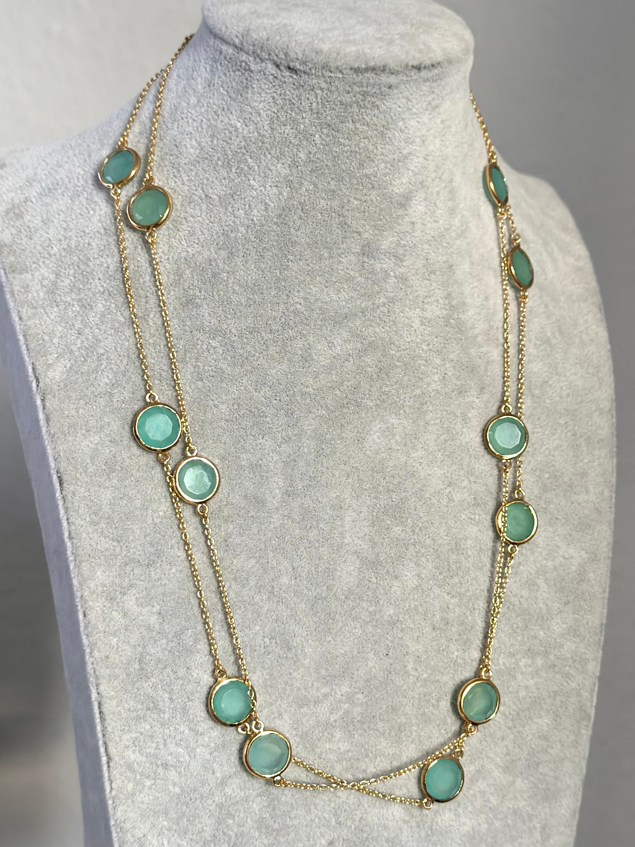 Aqua Chalcedony Gemstone Necklace in Gold Plated Sterling Silver