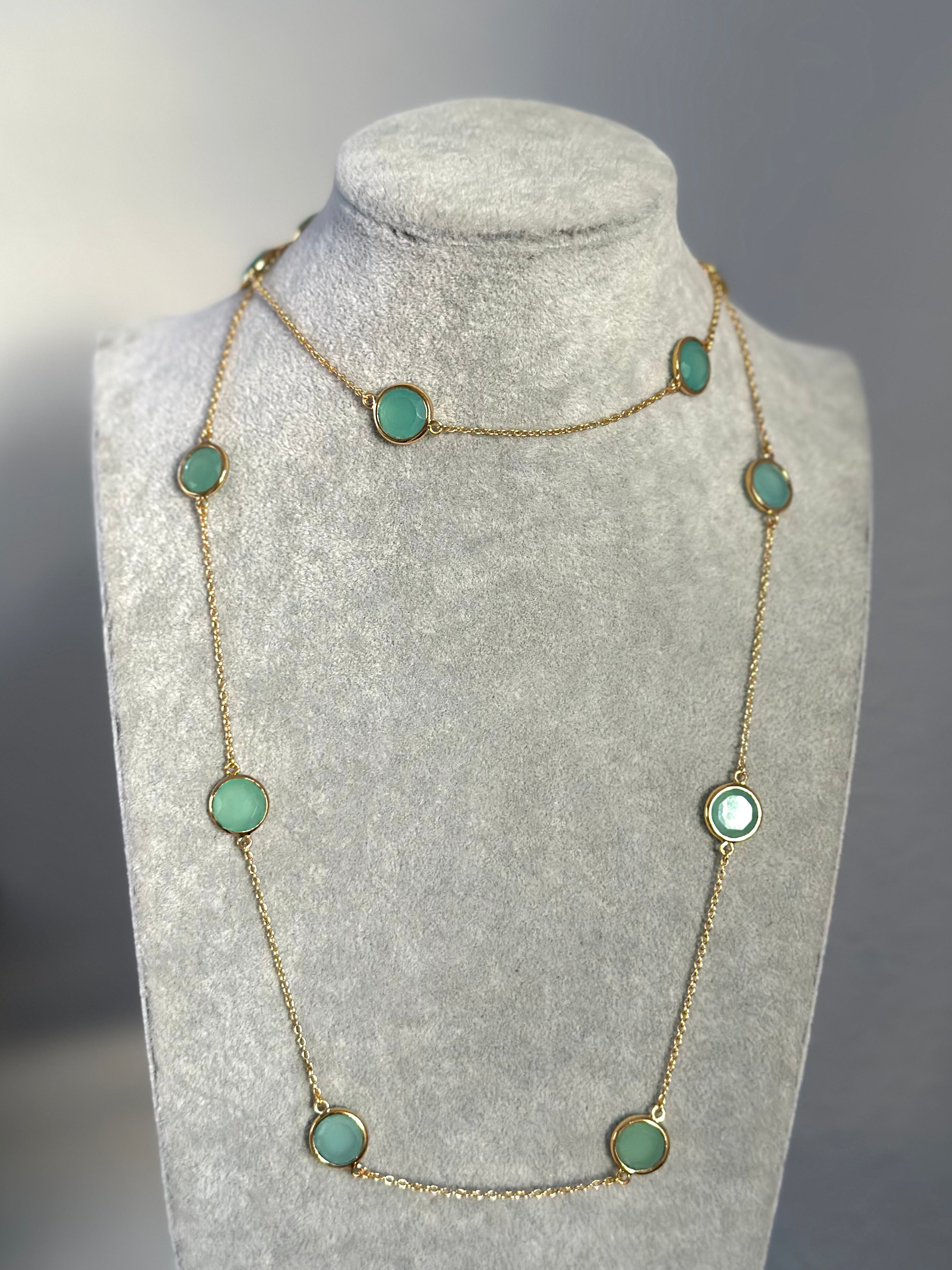 Aqua Chalcedony Gemstone Necklace in Gold Plated Sterling Silver