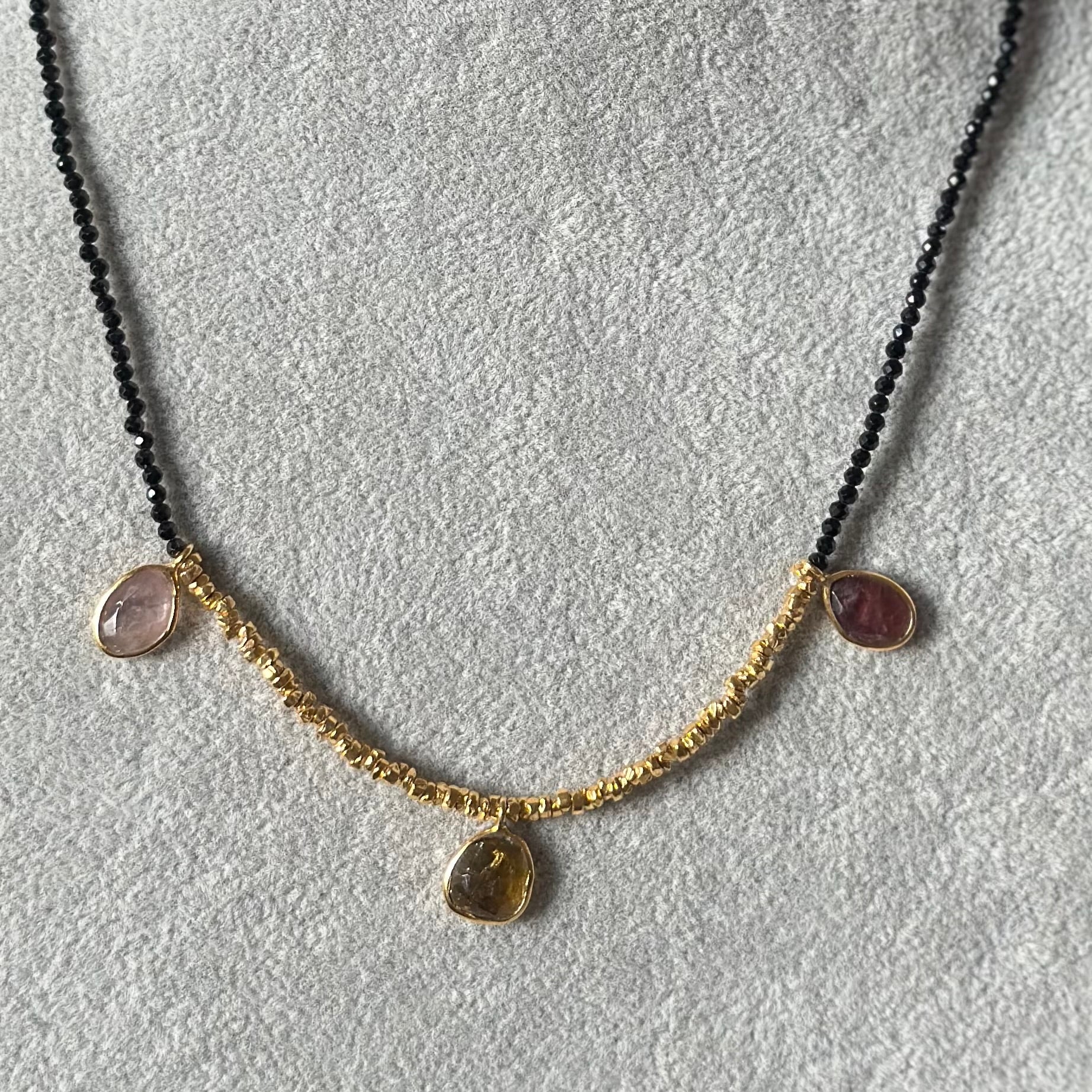 Black Spinel Necklace with Gold Plated Silver Beads and Tourmaline Drops