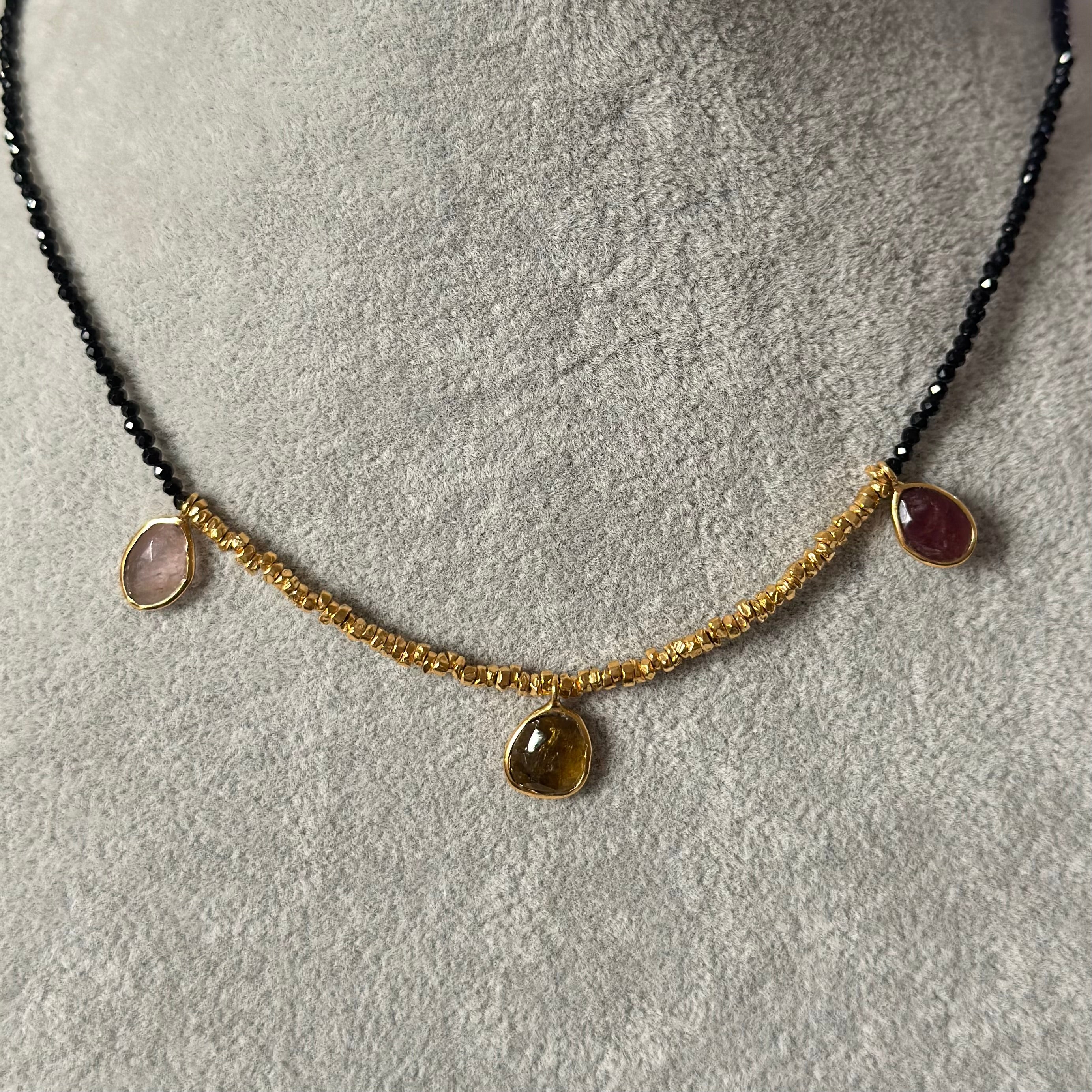 Black Spinel Necklace with Gold Plated Silver Beads and Tourmaline Drops