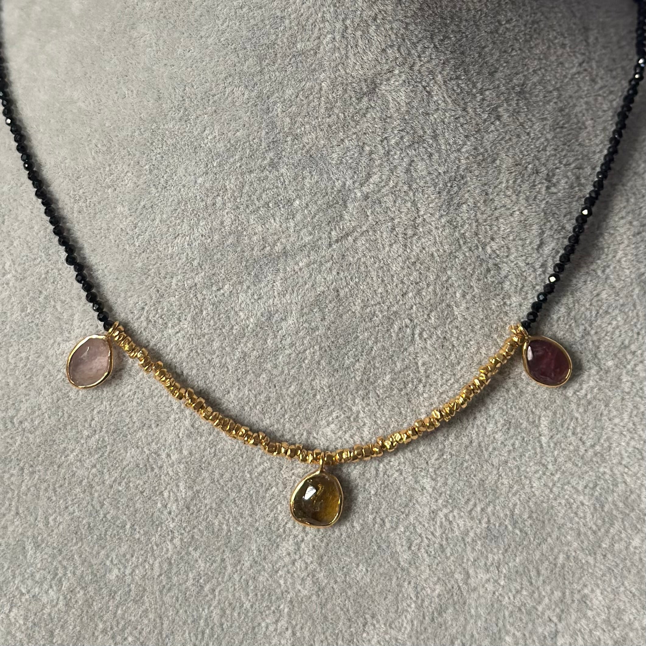 Black Spinel Necklace with Gold Plated Silver Beads and Tourmaline Drops