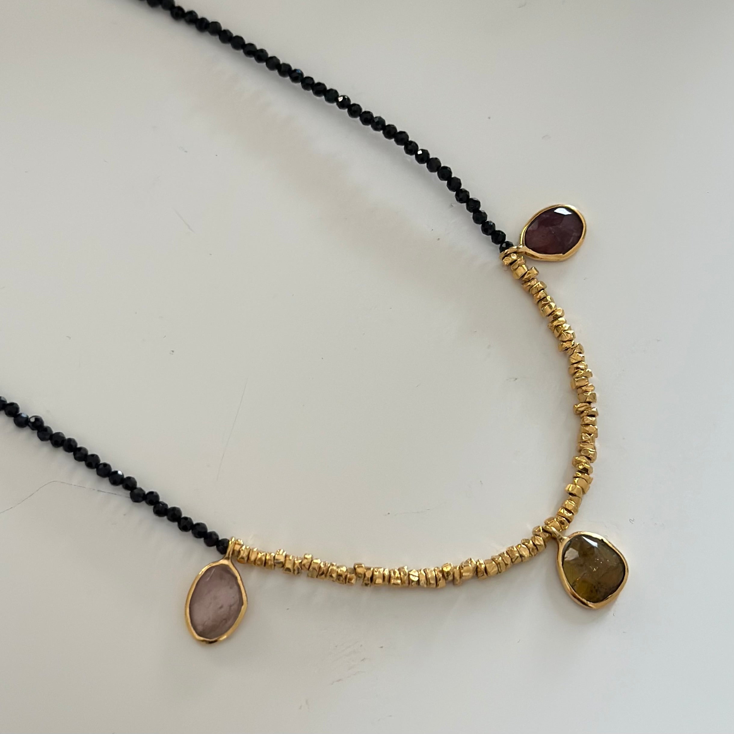 Black Spinel Necklace with Gold Plated Silver Beads and Tourmaline Drops