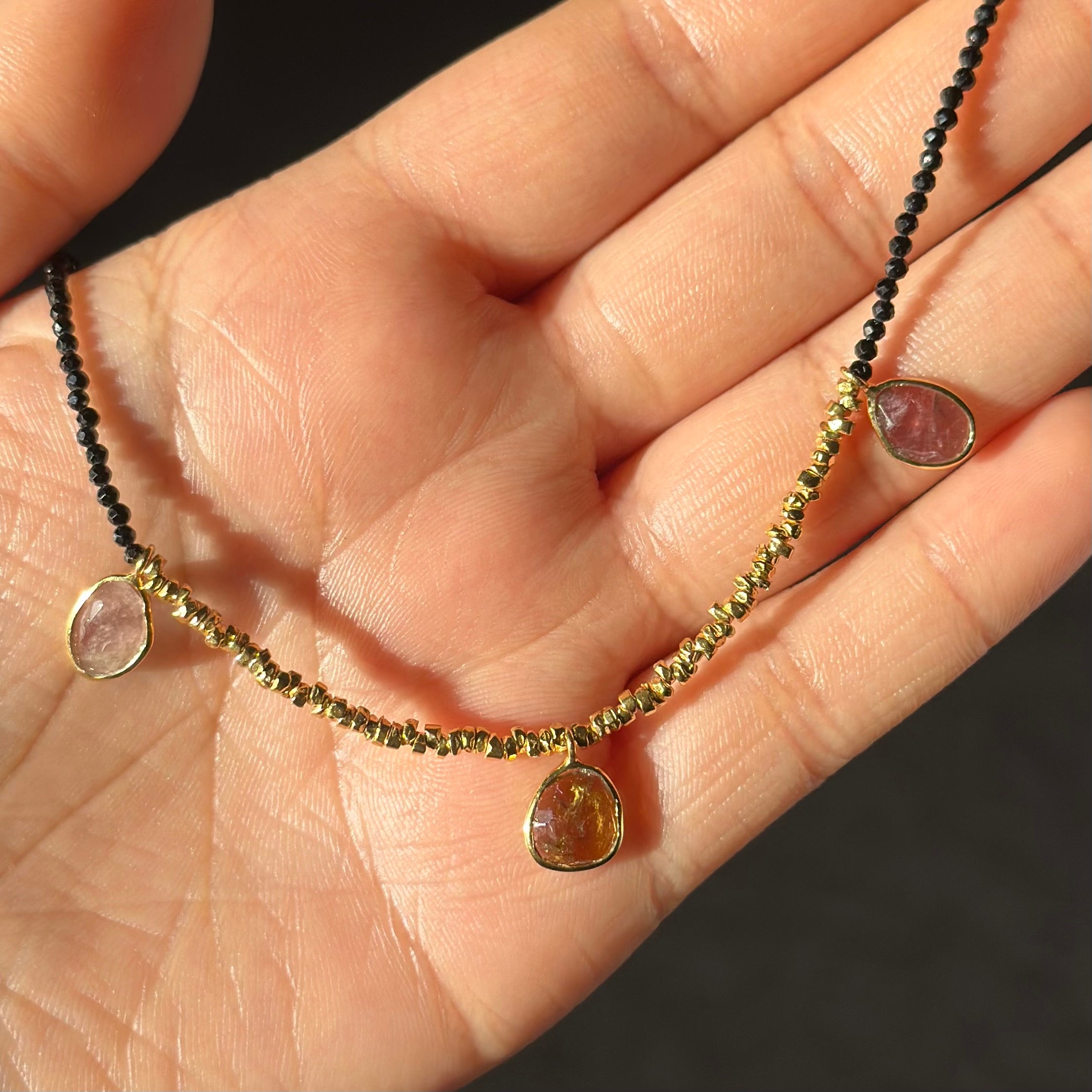 Black Spinel Necklace with Gold Plated Silver Beads and Tourmaline Drops