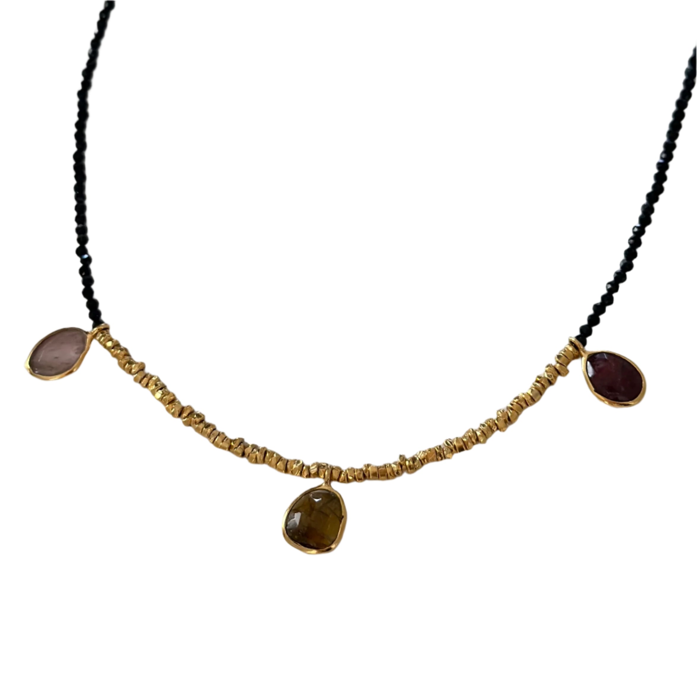 Black Spinel Necklace with Gold Plated Silver Beads and Tourmaline Drops