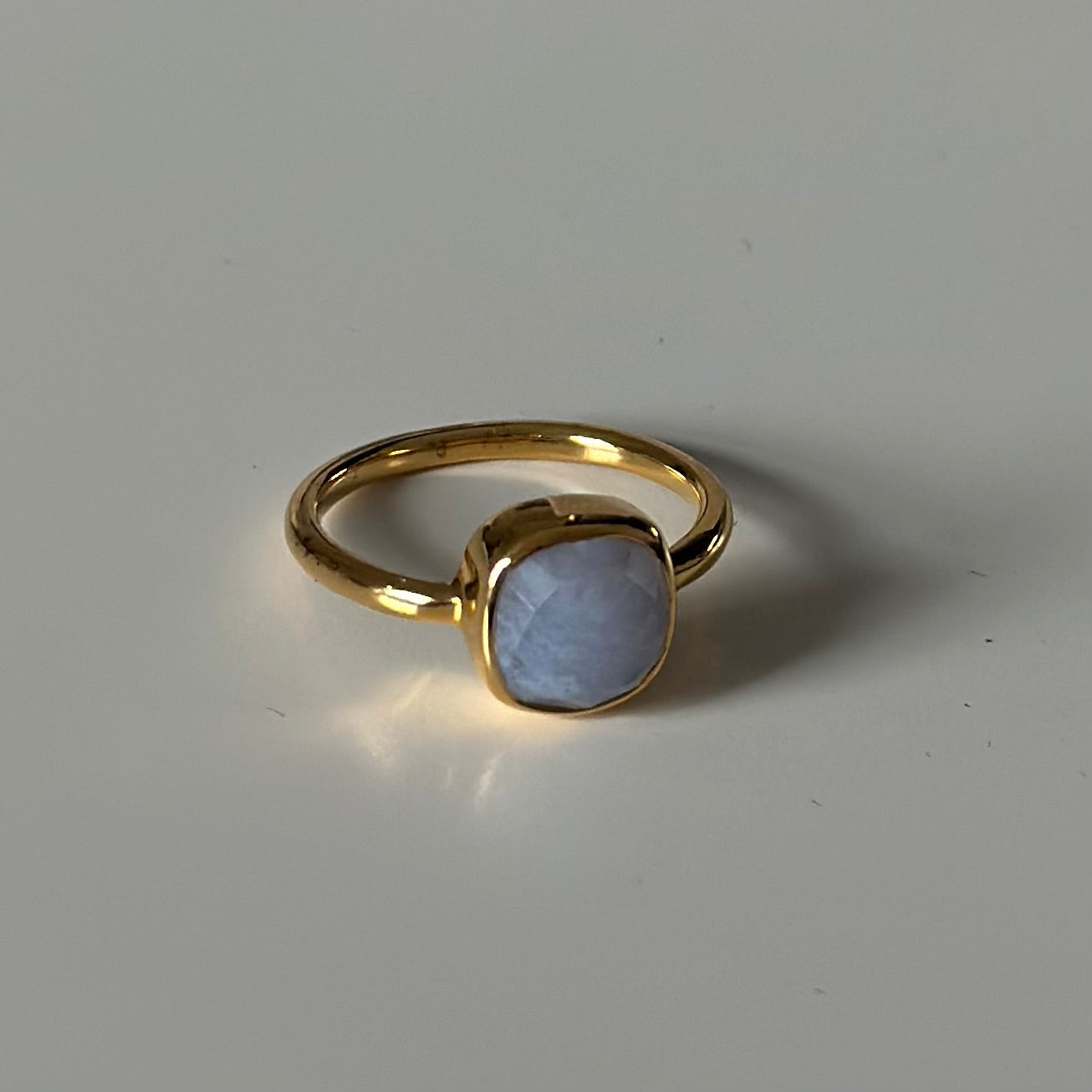 Faceted Square Cut Natural Gemstone Gold Plated Sterling Silver Solitaire Ring - Blue Laced Agate