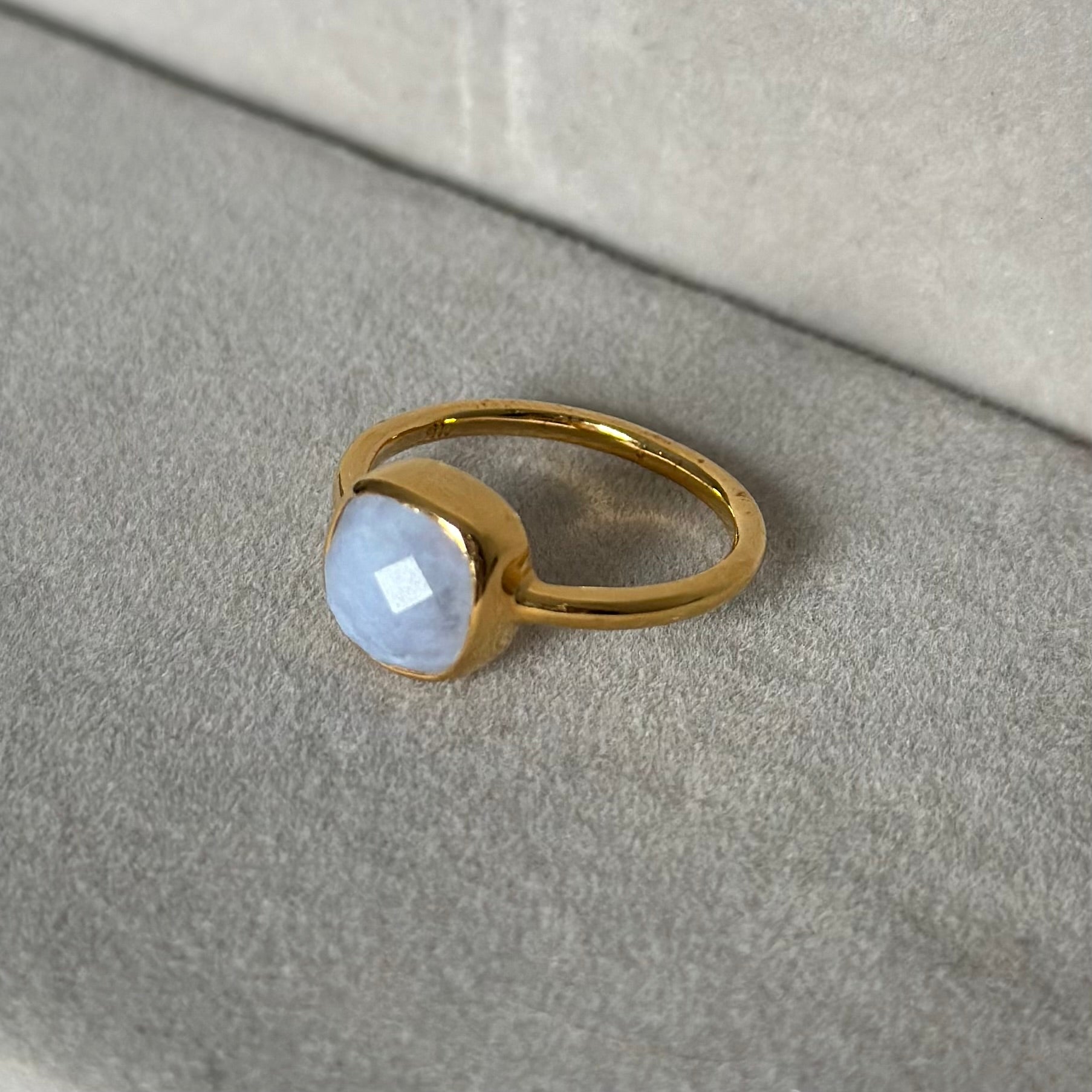 Faceted Square Cut Natural Gemstone Gold Plated Sterling Silver Solitaire Ring - Blue Laced Agate