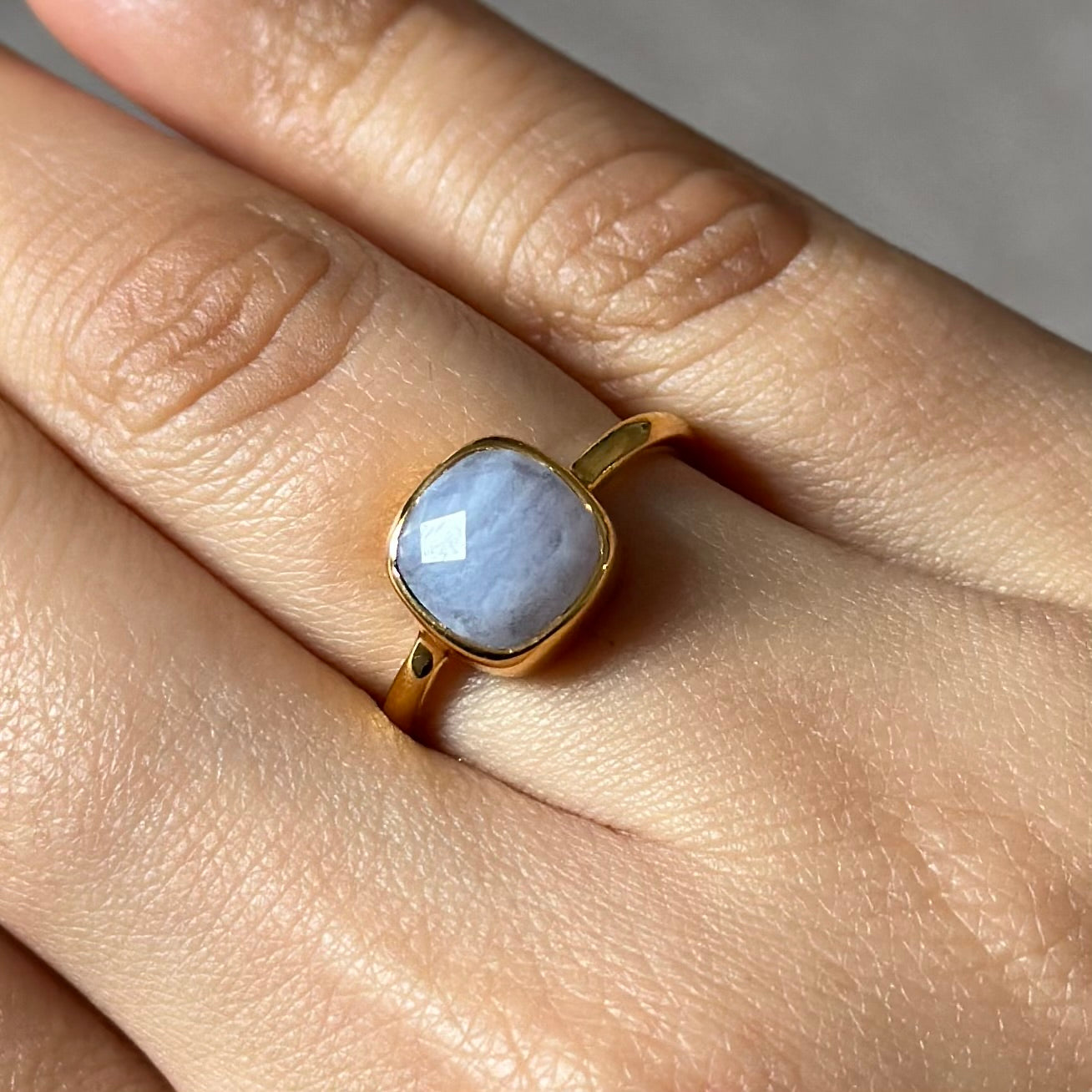 Faceted Square Cut Natural Gemstone Gold Plated Sterling Silver Solitaire Ring - Blue Laced Agate