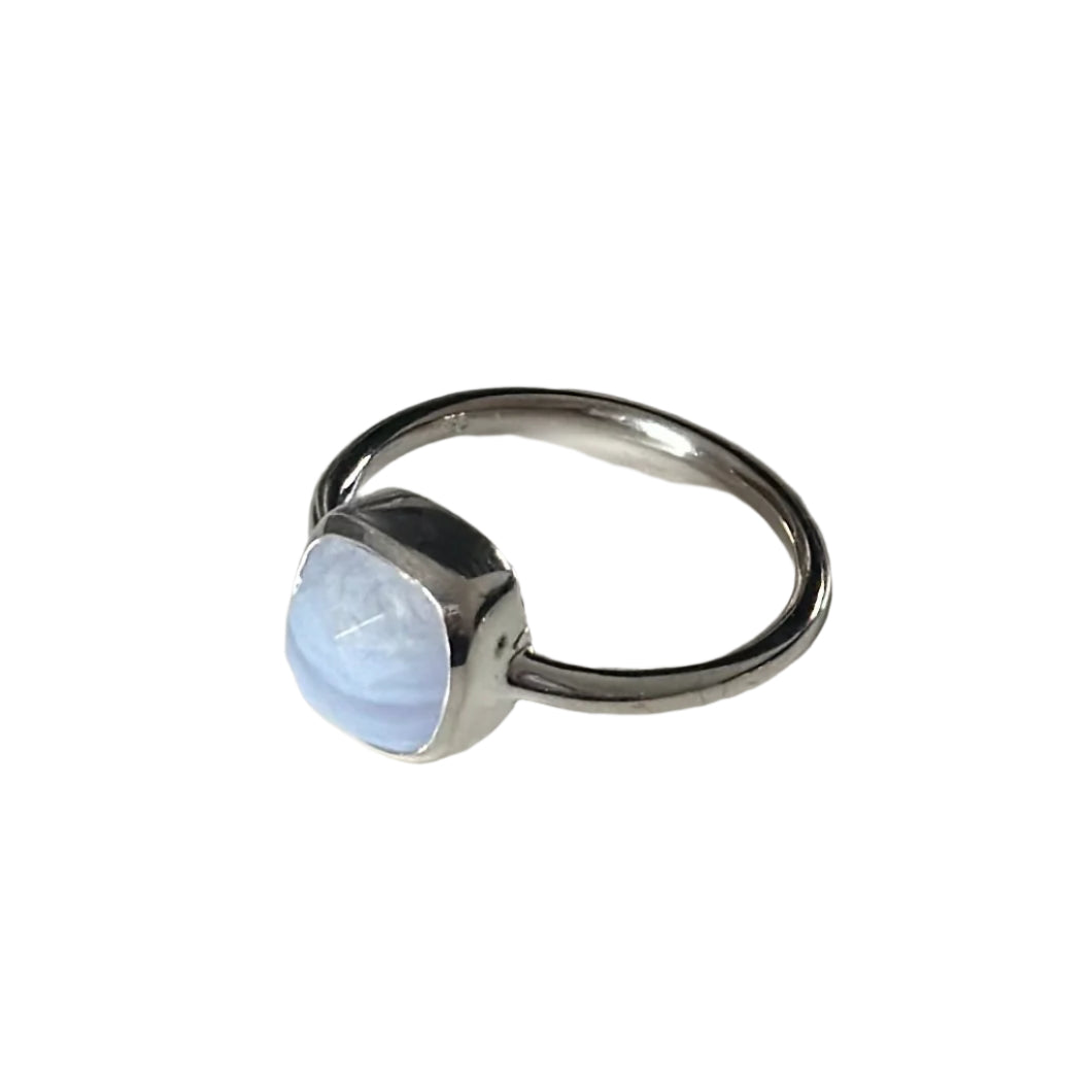 Faceted Square Cut Natural Gemstone Sterling Silver Solitaire Ring - Blue Laced Agate