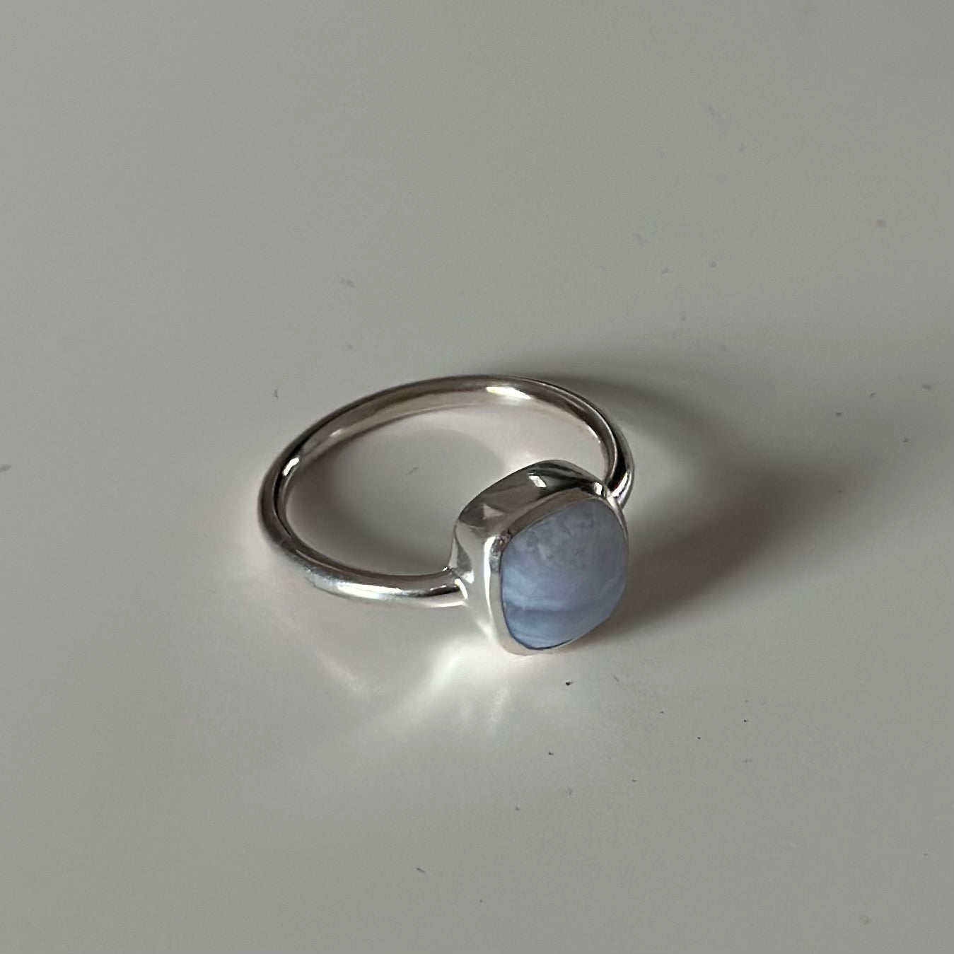 Faceted Square Cut Natural Gemstone Sterling Silver Solitaire Ring - Blue Laced Agate