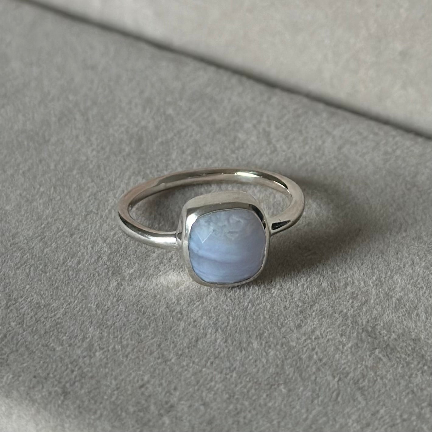 Faceted Square Cut Natural Gemstone Sterling Silver Solitaire Ring - Blue Laced Agate