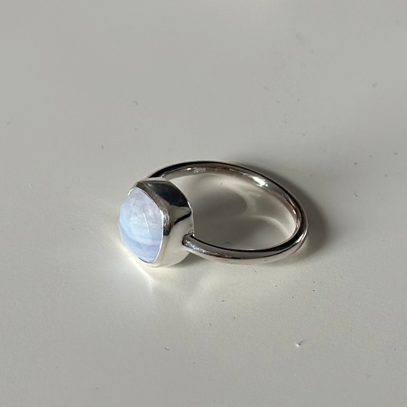 Faceted Square Cut Natural Gemstone Sterling Silver Solitaire Ring - Blue Laced Agate