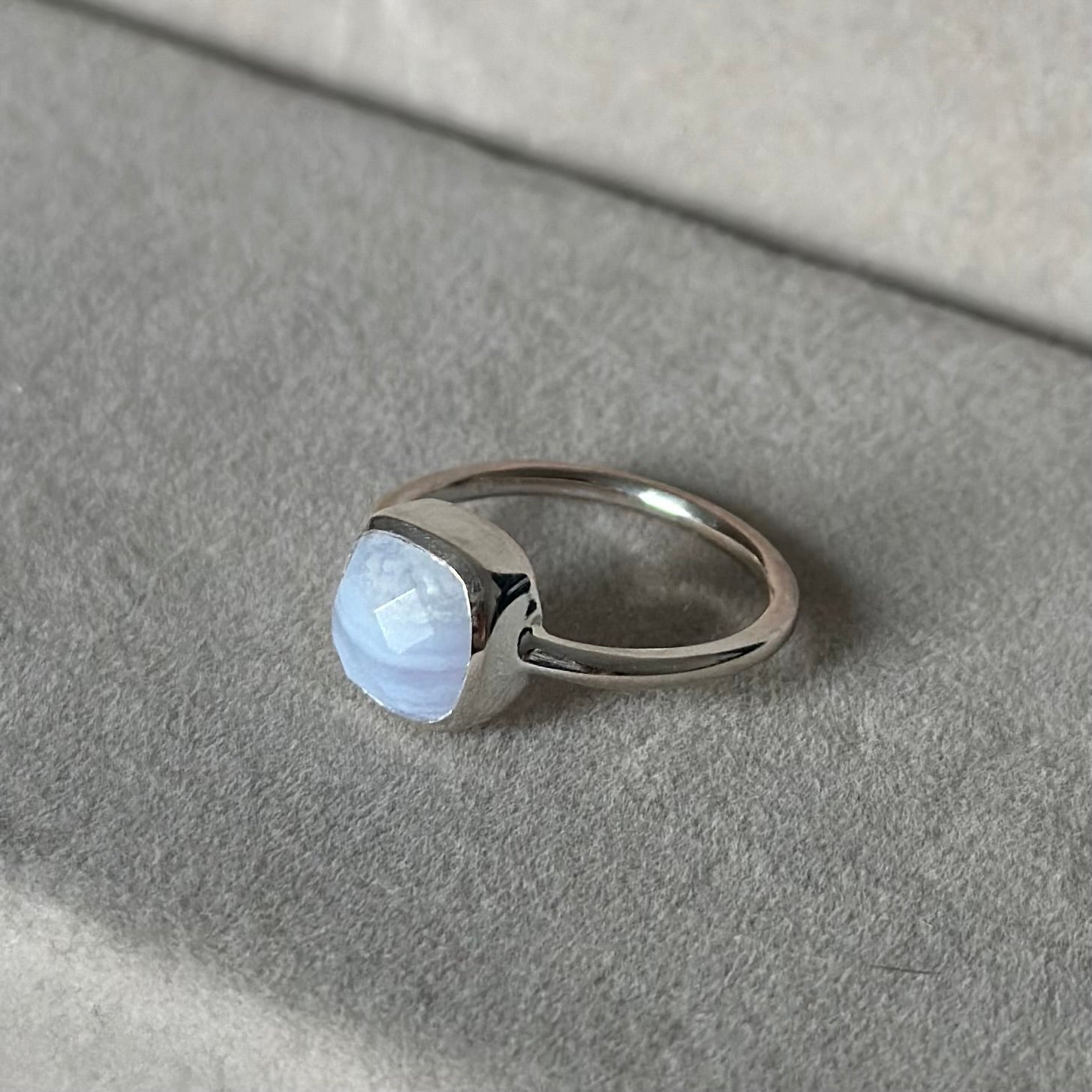 Faceted Square Cut Natural Gemstone Sterling Silver Solitaire Ring - Blue Laced Agate