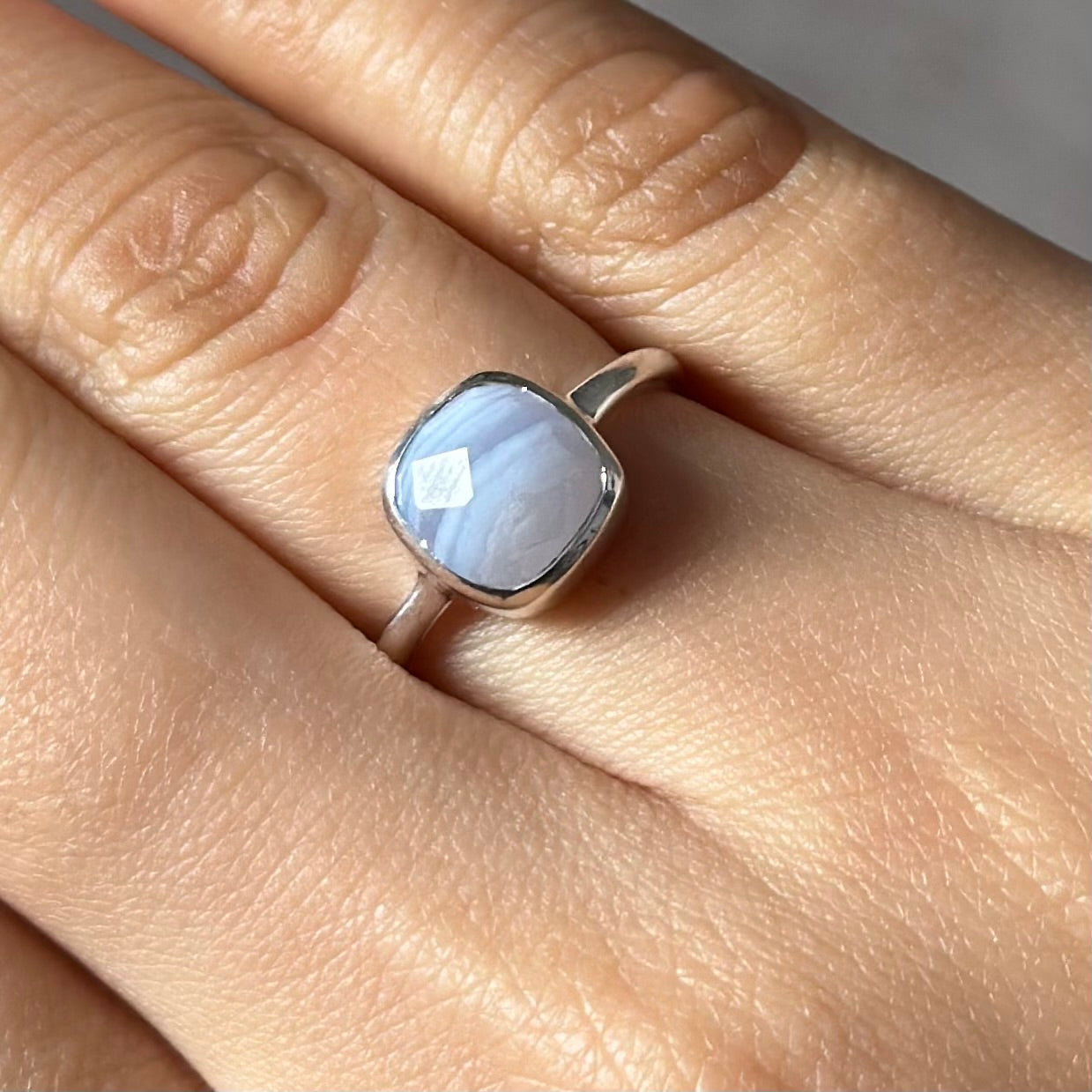 Faceted Square Cut Natural Gemstone Sterling Silver Solitaire Ring - Blue Laced Agate