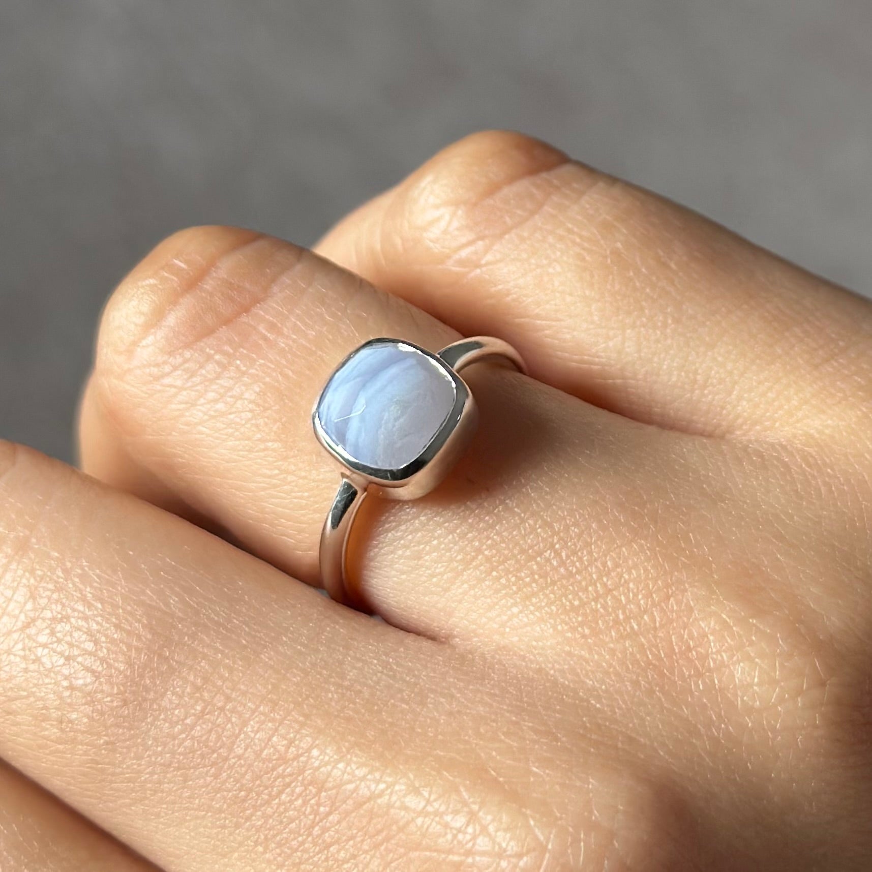 Faceted Square Cut Natural Gemstone Sterling Silver Solitaire Ring - Blue Laced Agate