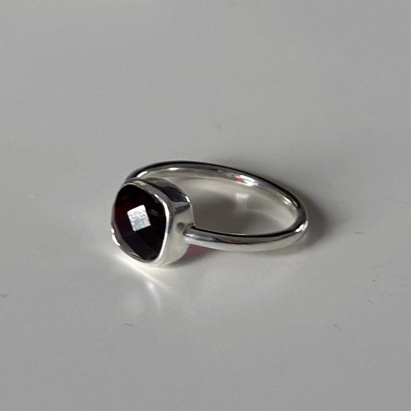 Faceted Square Cut Natural Gemstone Sterling Silver Solitaire Ring - Garnet