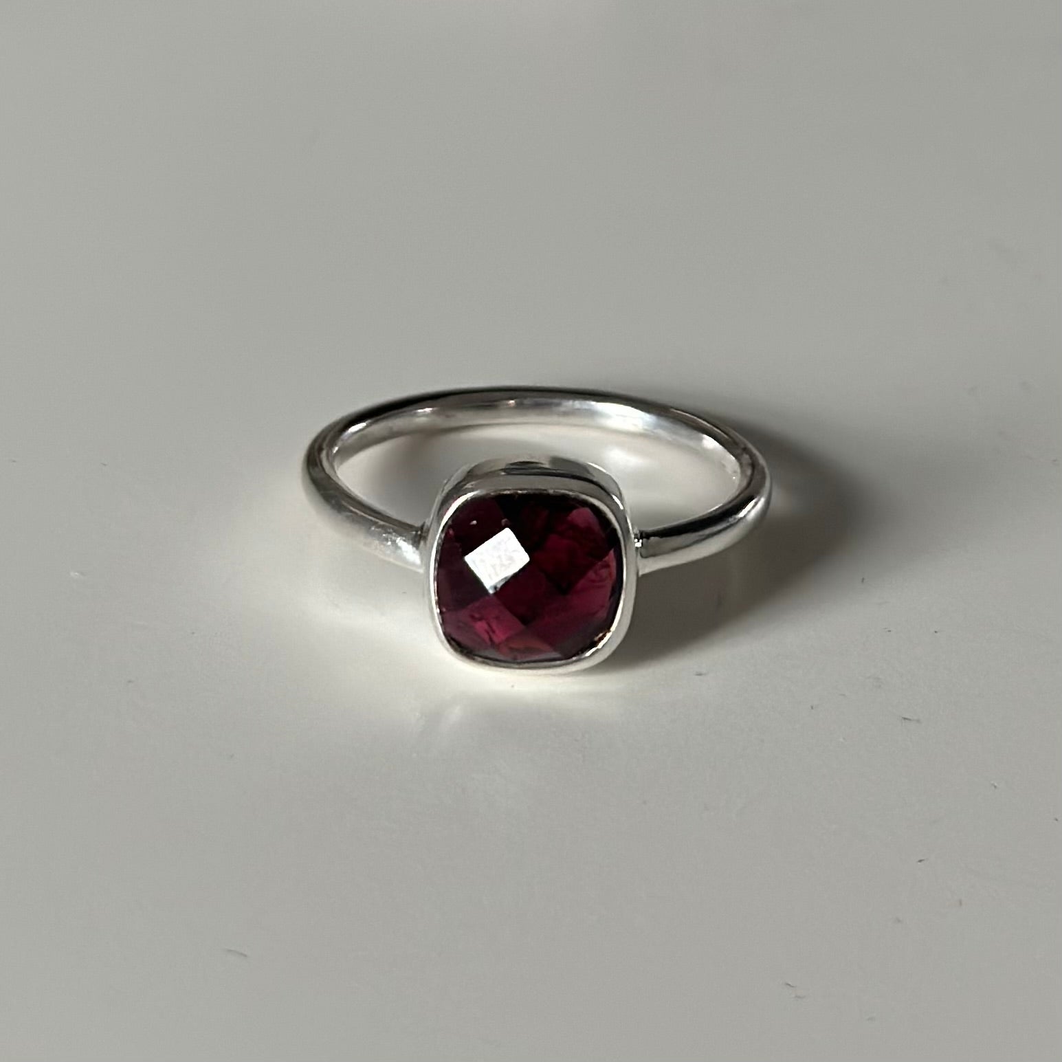 Faceted Square Cut Natural Gemstone Sterling Silver Solitaire Ring - Garnet