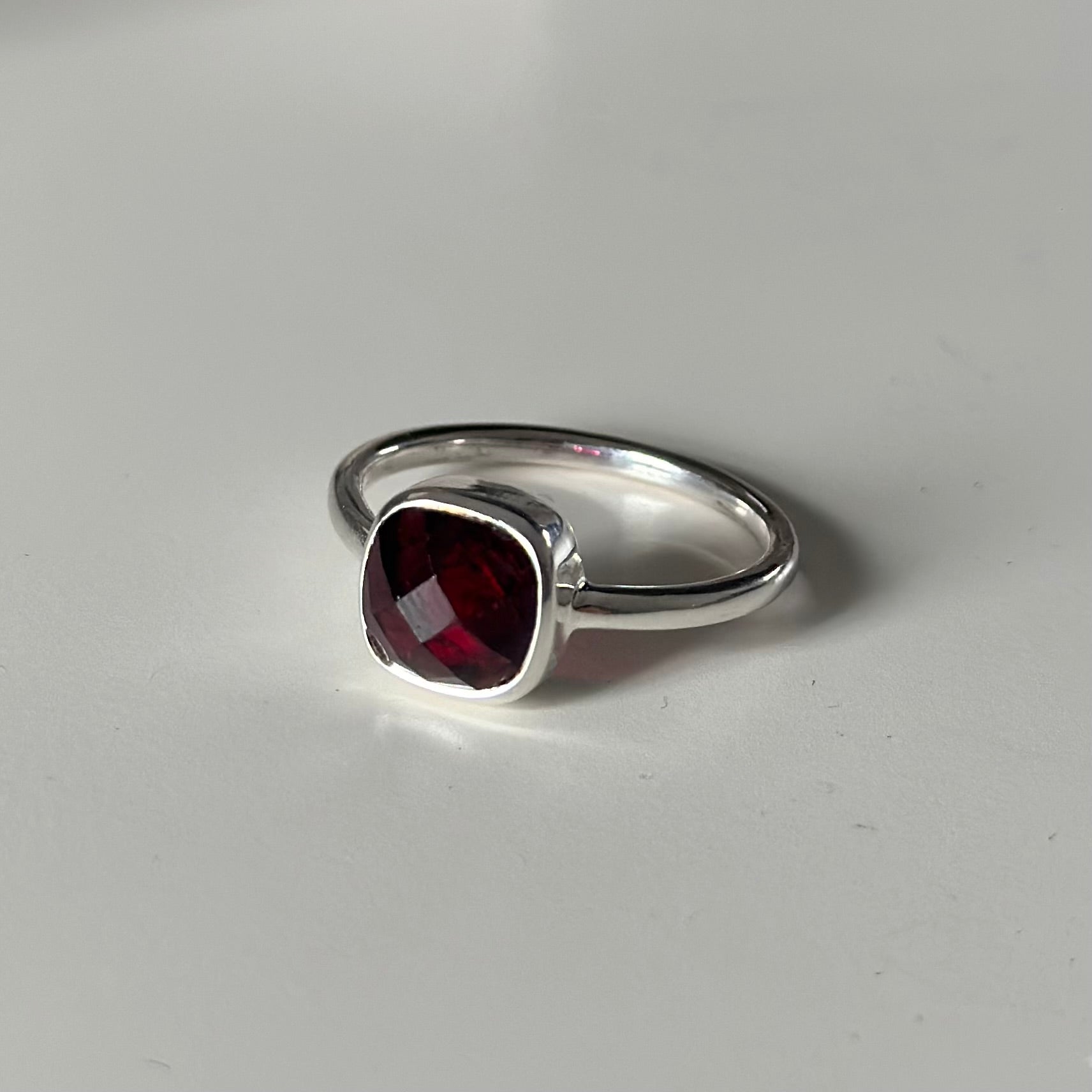 Faceted Square Cut Natural Gemstone Sterling Silver Solitaire Ring - Garnet