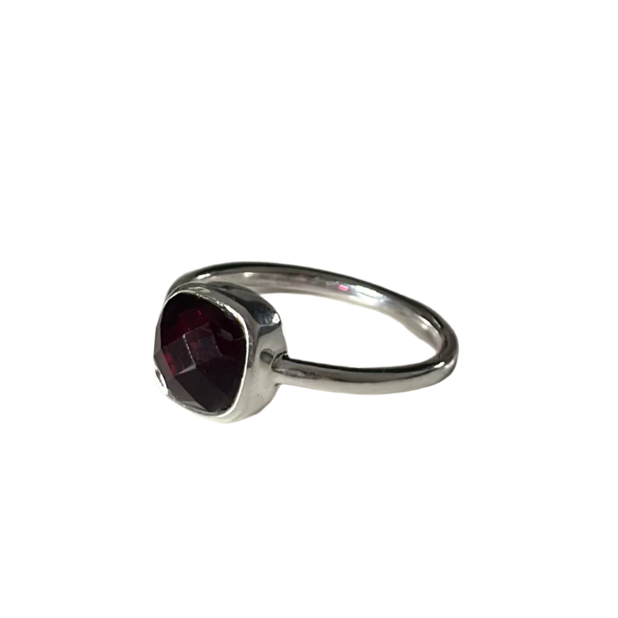 Faceted Square Cut Natural Gemstone Sterling Silver Solitaire Ring - Garnet