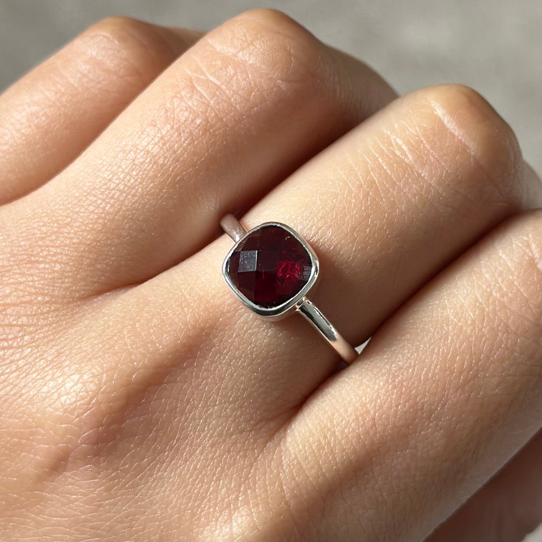 Faceted Square Cut Natural Gemstone Sterling Silver Solitaire Ring - Garnet