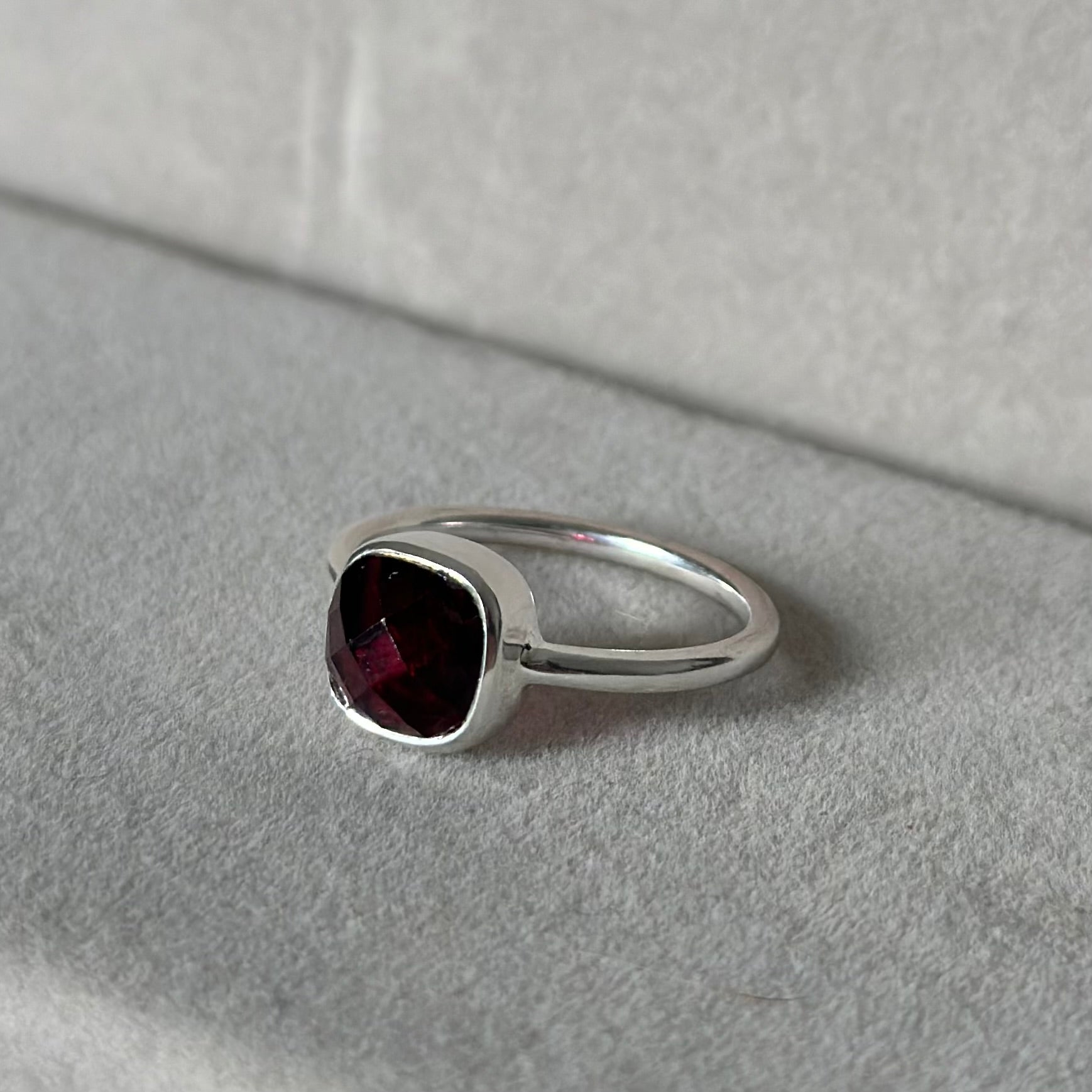 Faceted Square Cut Natural Gemstone Sterling Silver Solitaire Ring - Garnet