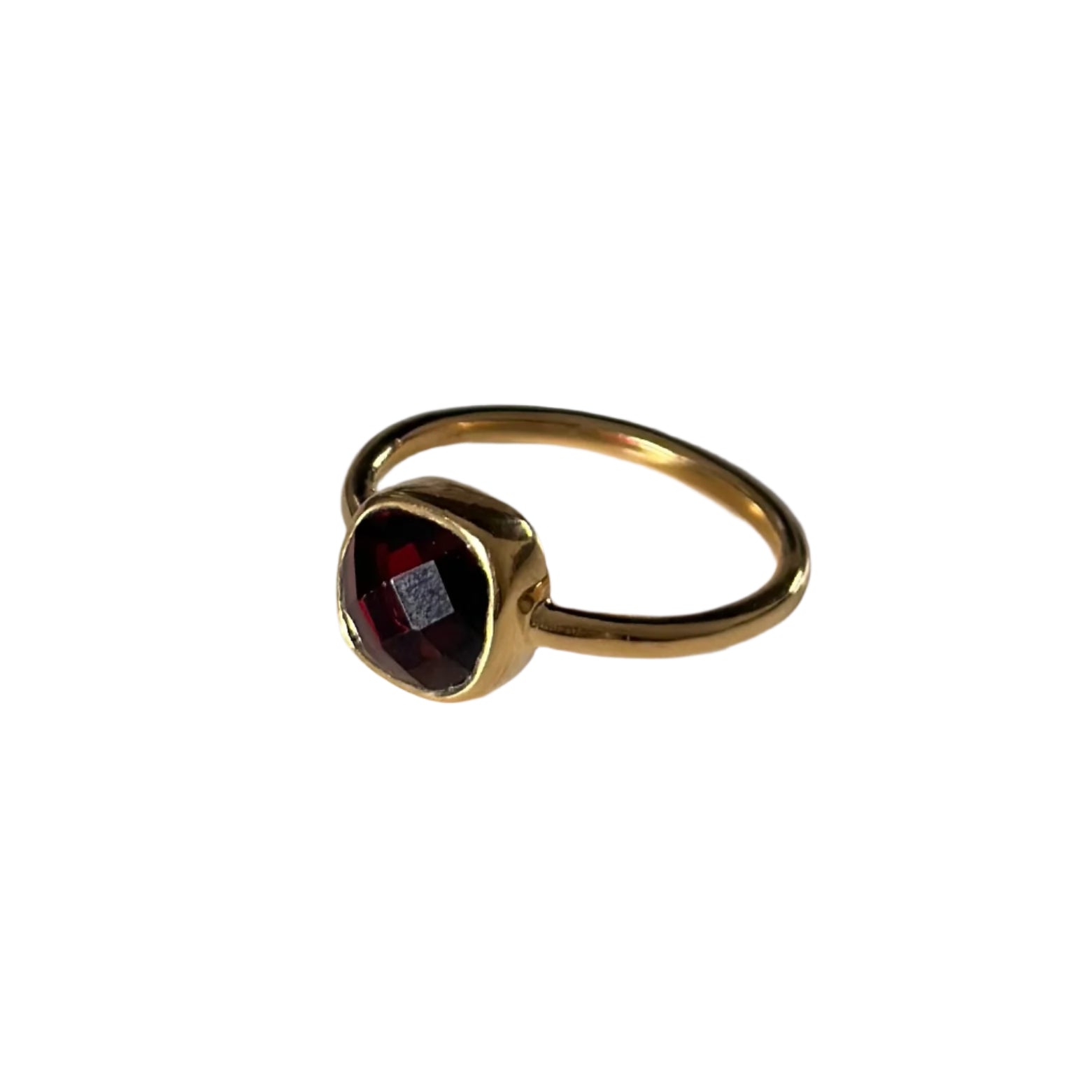 Faceted Square Cut Natural Gemstone Gold Plated Sterling Silver Solitaire Ring - Garnet