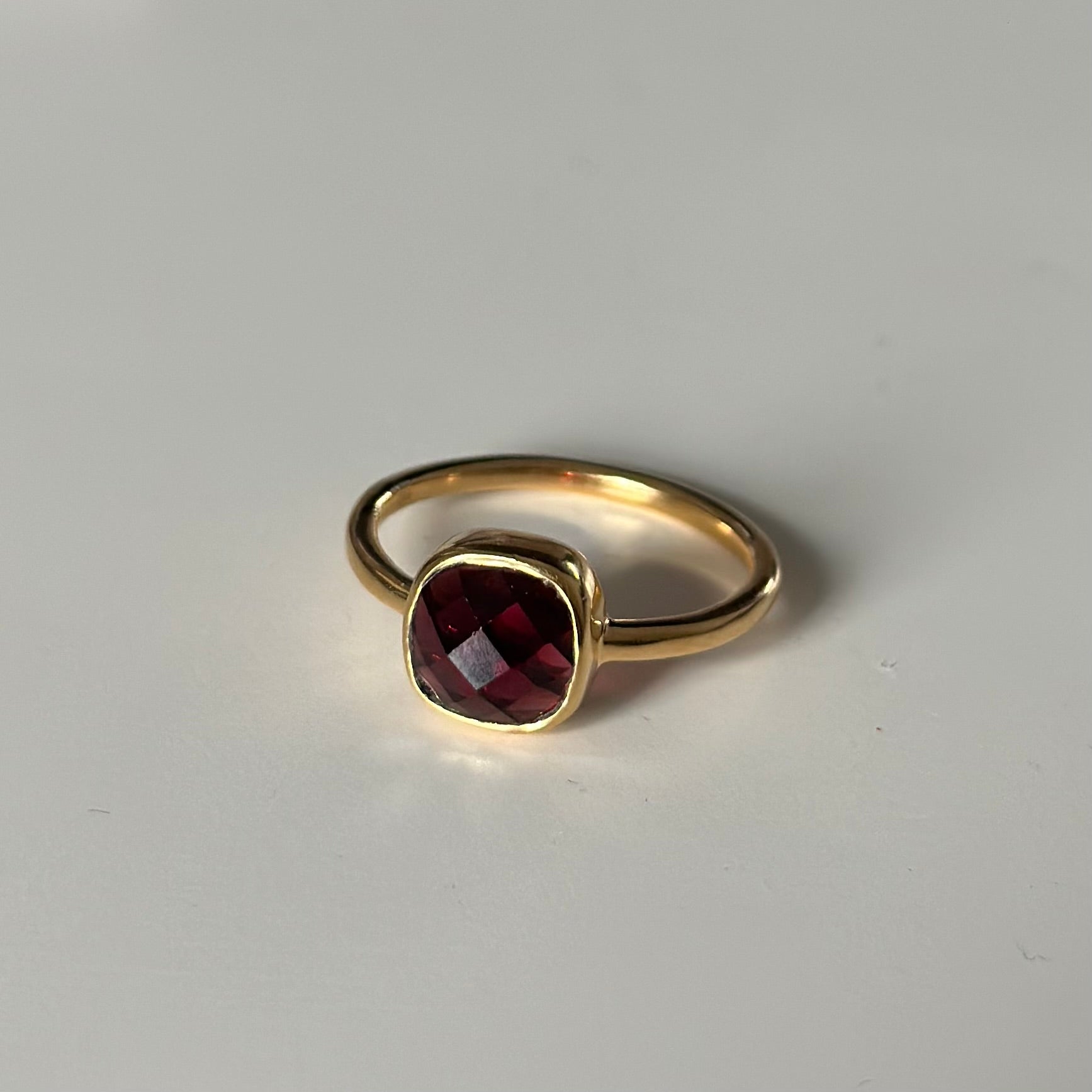 Faceted Square Cut Natural Gemstone Gold Plated Sterling Silver Solitaire Ring - Garnet