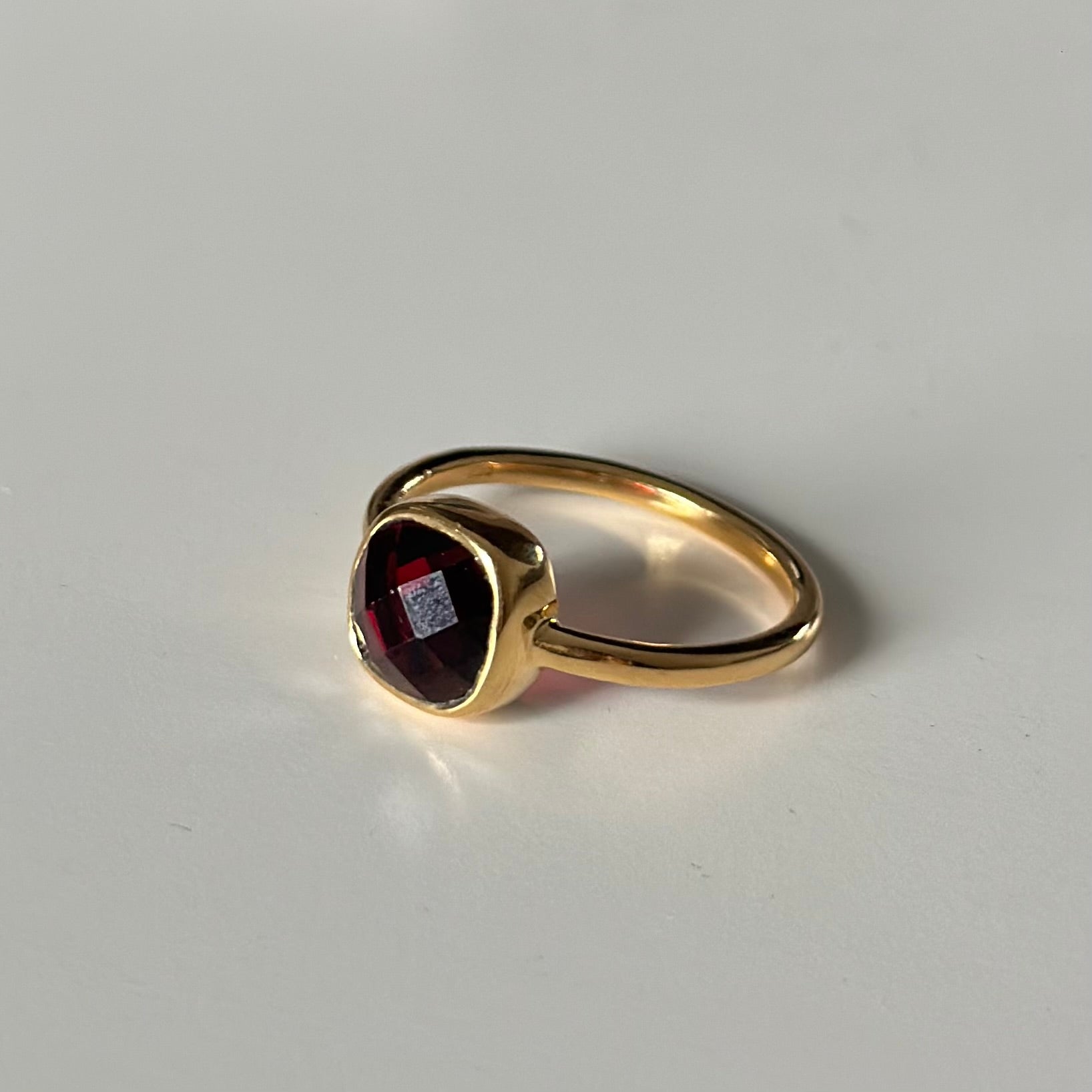 Faceted Square Cut Natural Gemstone Gold Plated Sterling Silver Solitaire Ring - Garnet