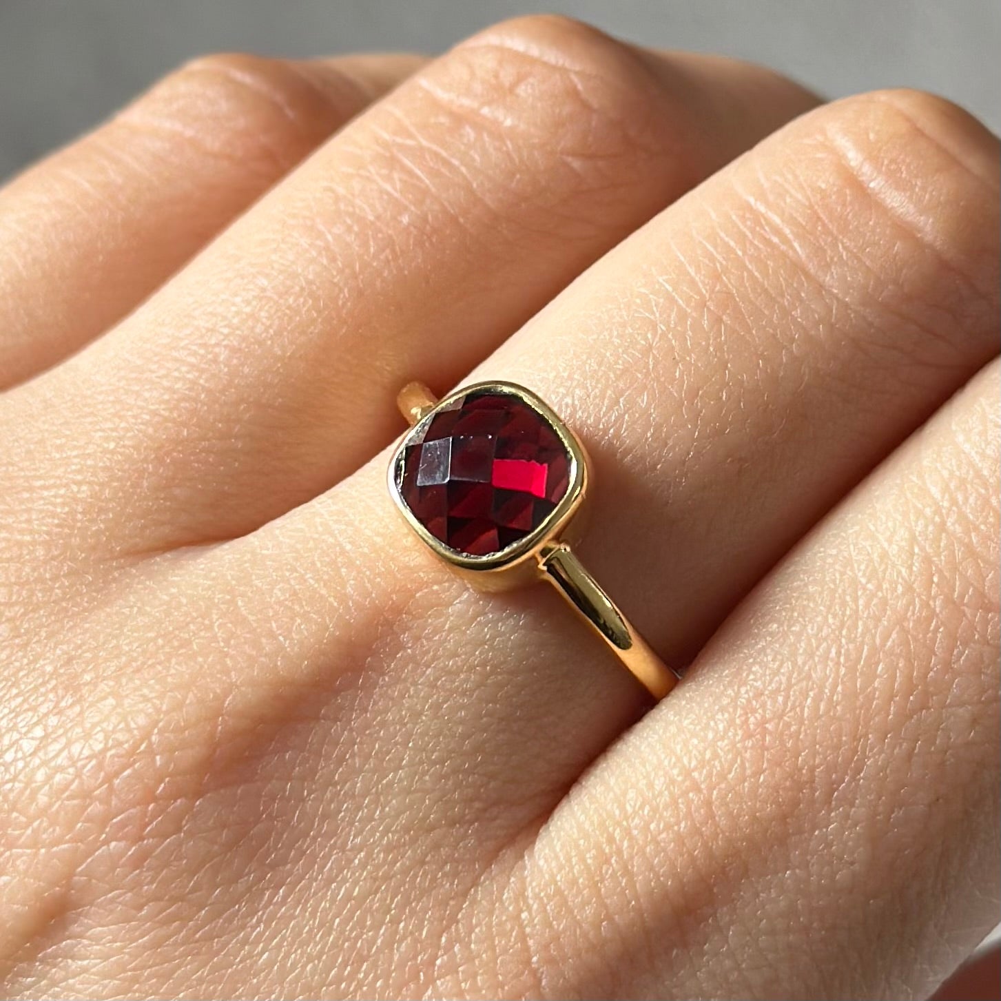 Faceted Square Cut Natural Gemstone Gold Plated Sterling Silver Solitaire Ring - Garnet