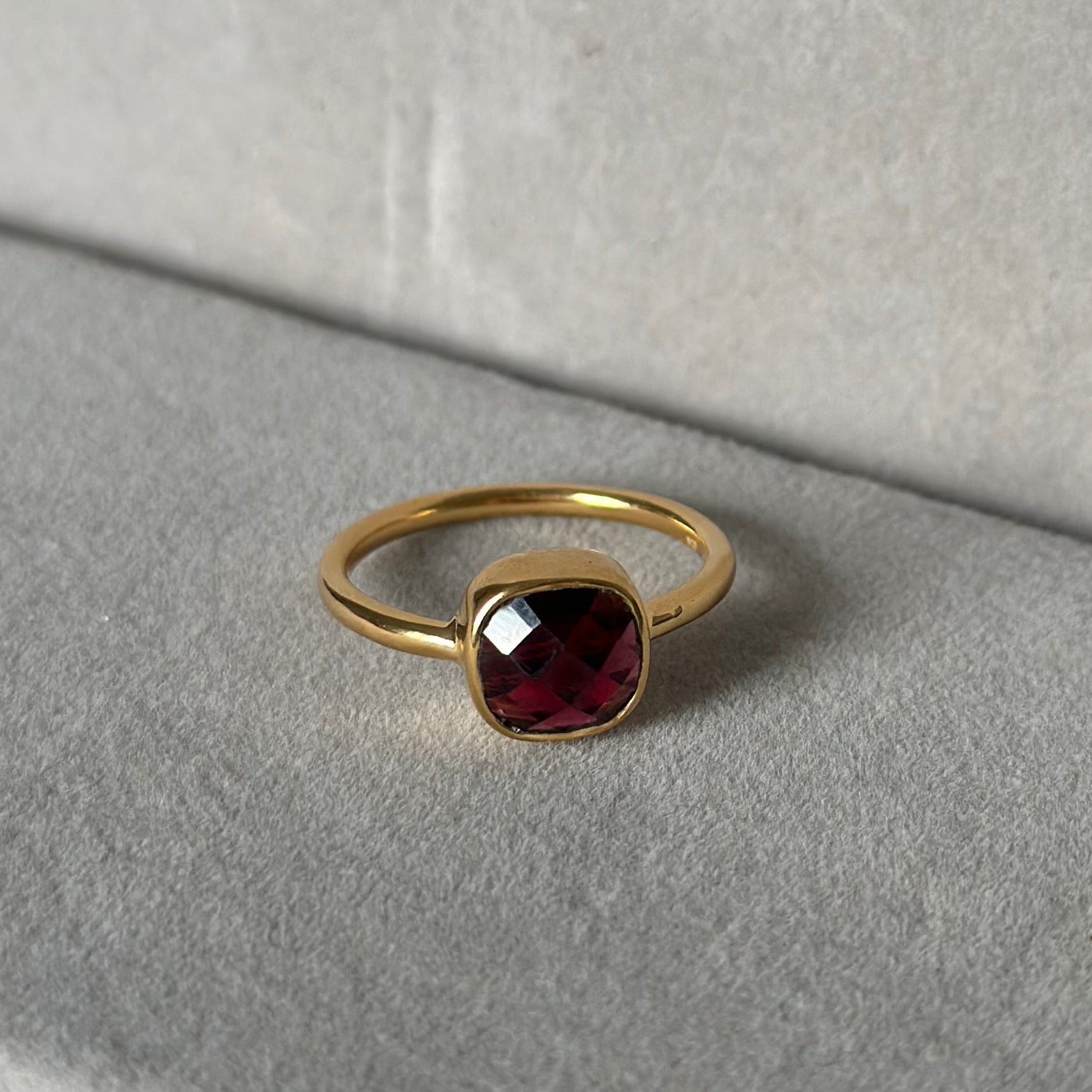 Faceted Square Cut Natural Gemstone Gold Plated Sterling Silver Solitaire Ring - Garnet