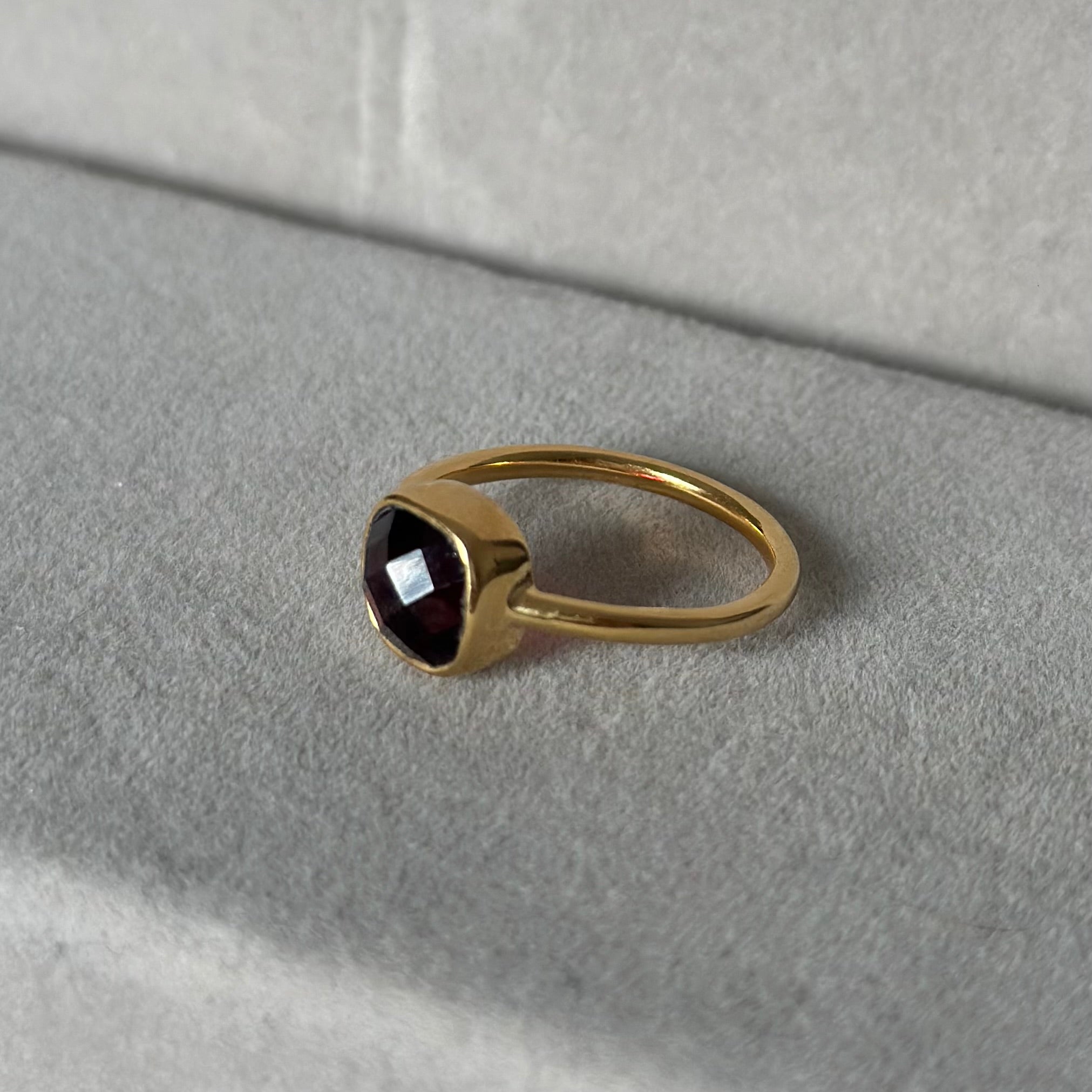 Faceted Square Cut Natural Gemstone Gold Plated Sterling Silver Solitaire Ring - Garnet