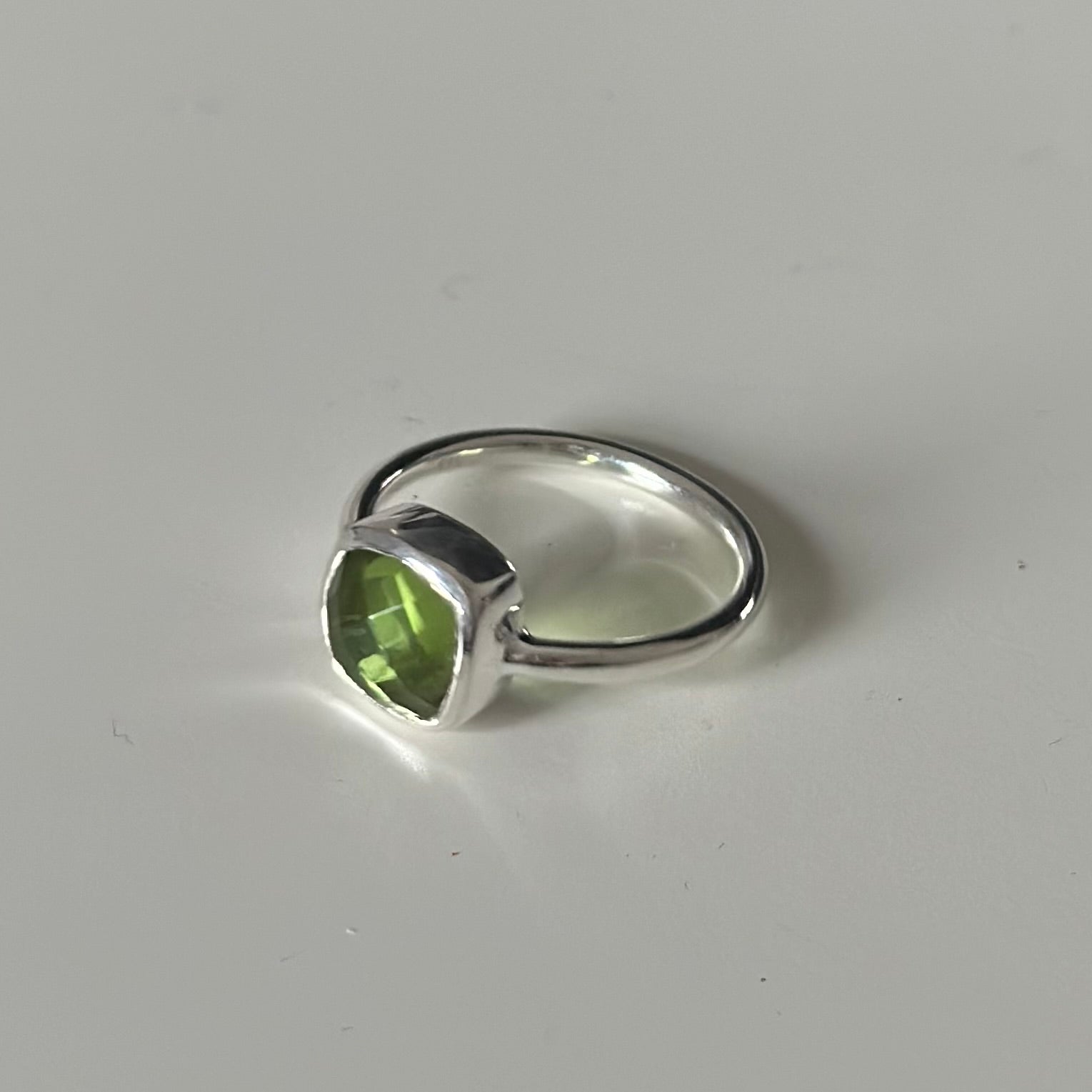 Faceted Square Cut Natural Gemstone Sterling Silver Solitaire Ring - Peridot