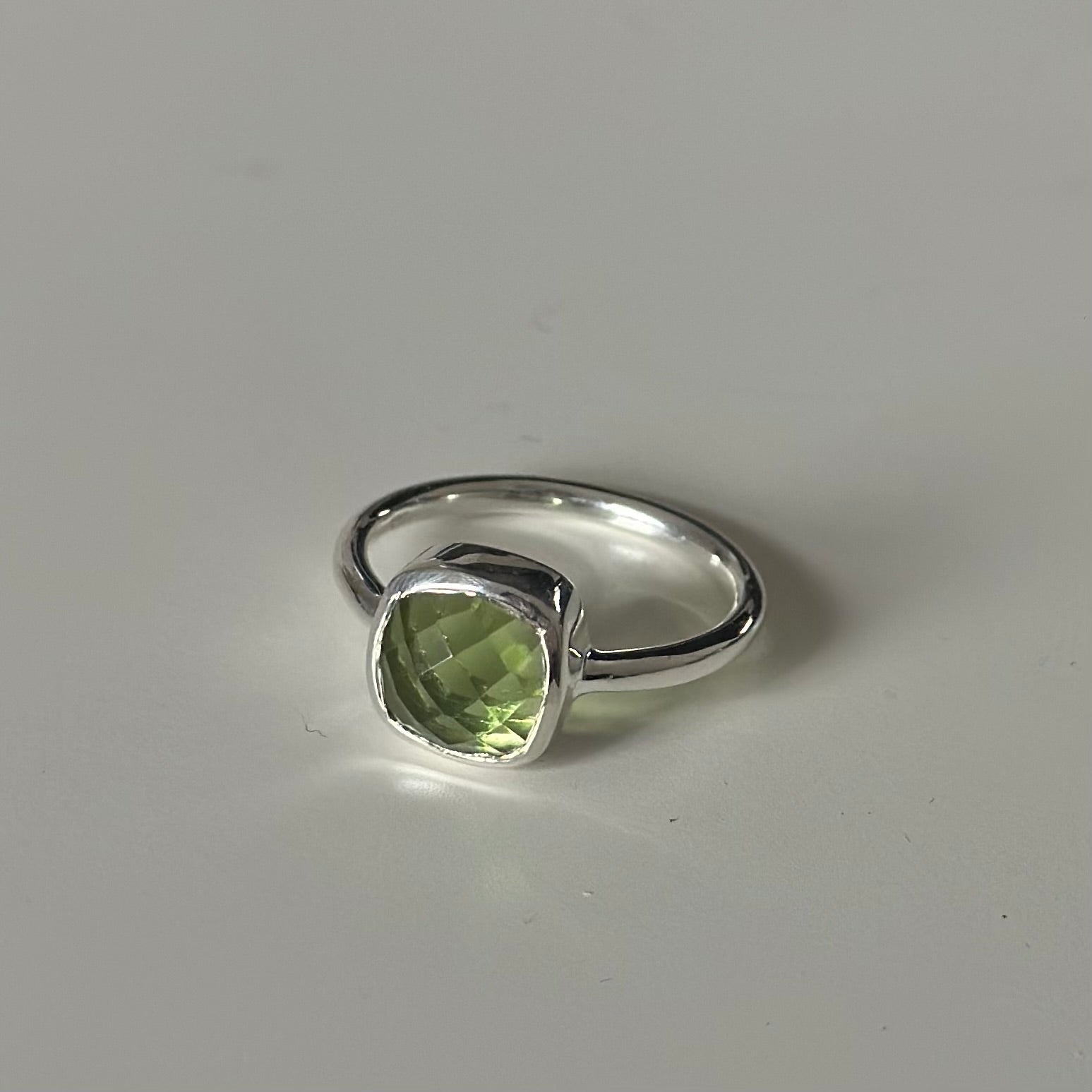 Faceted Square Cut Natural Gemstone Sterling Silver Solitaire Ring - Peridot