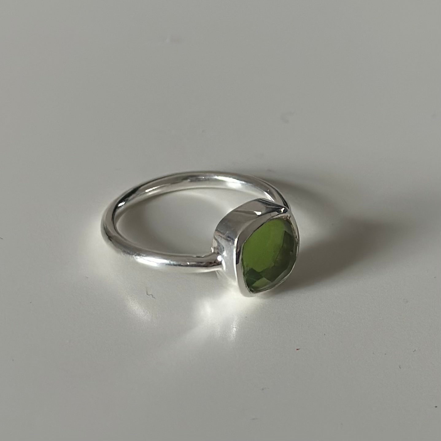 Faceted Square Cut Natural Gemstone Sterling Silver Solitaire Ring - Peridot