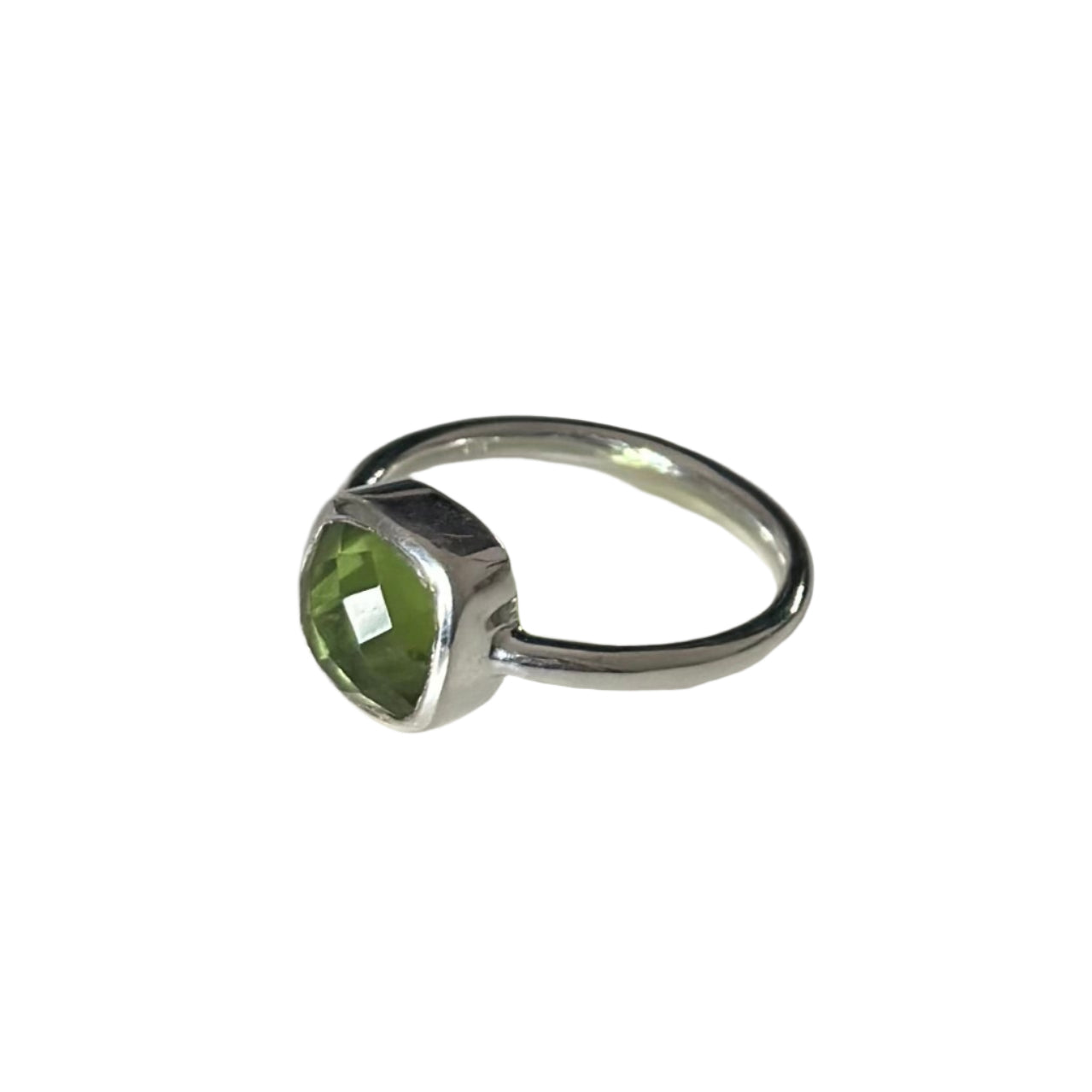 Faceted Square Cut Natural Gemstone Sterling Silver Solitaire Ring - Peridot