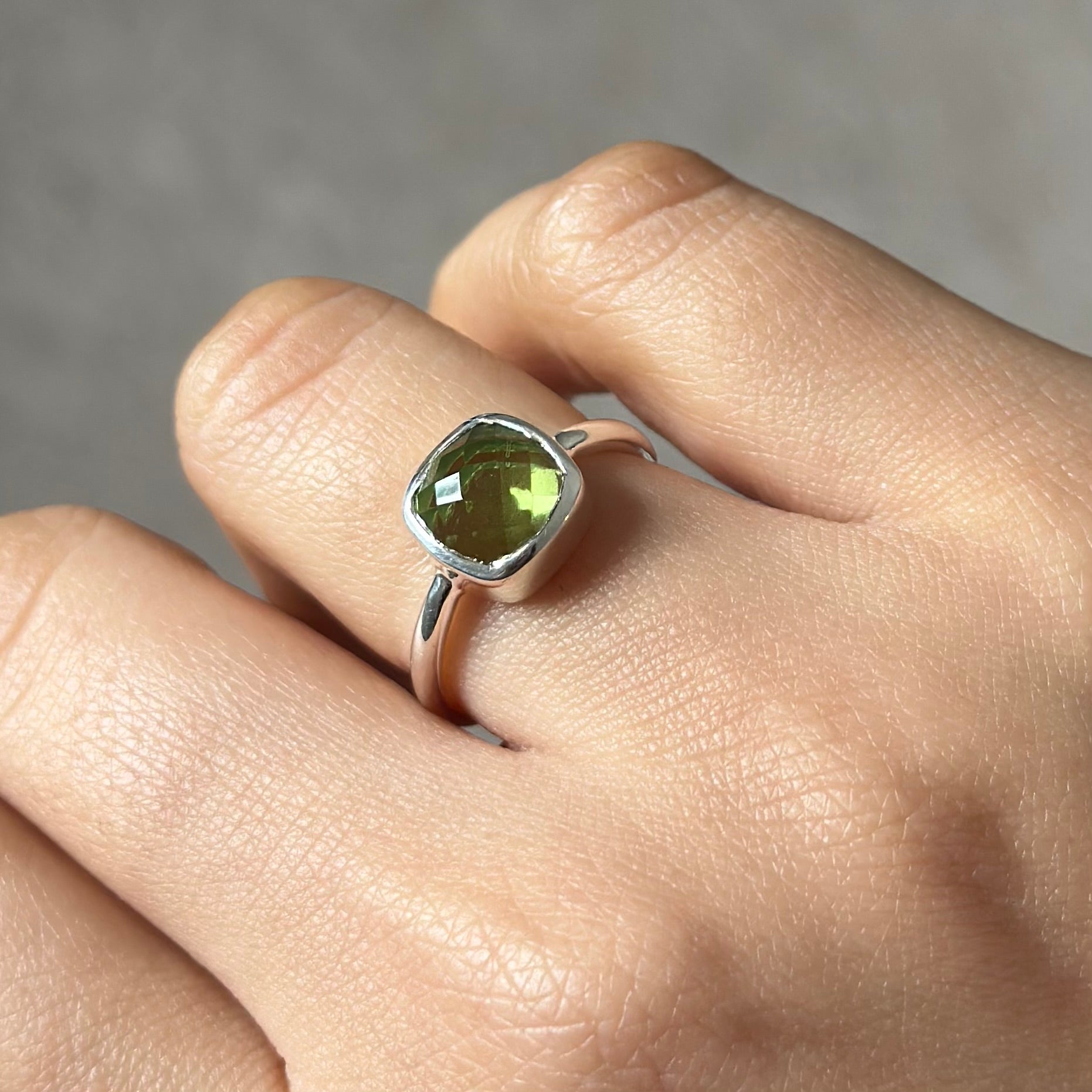 Faceted Square Cut Natural Gemstone Sterling Silver Solitaire Ring - Peridot