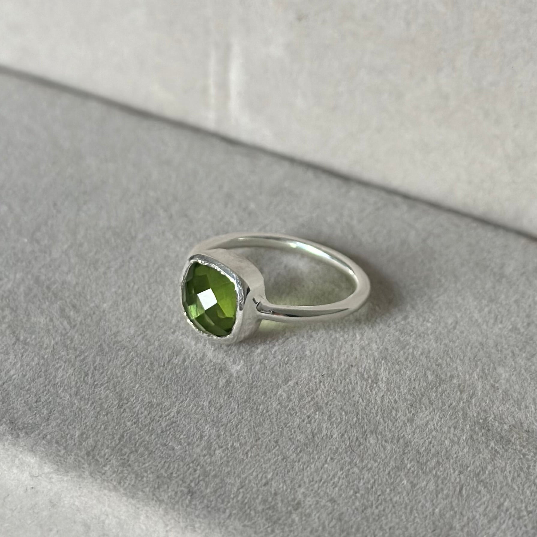 Faceted Square Cut Natural Gemstone Sterling Silver Solitaire Ring - Peridot