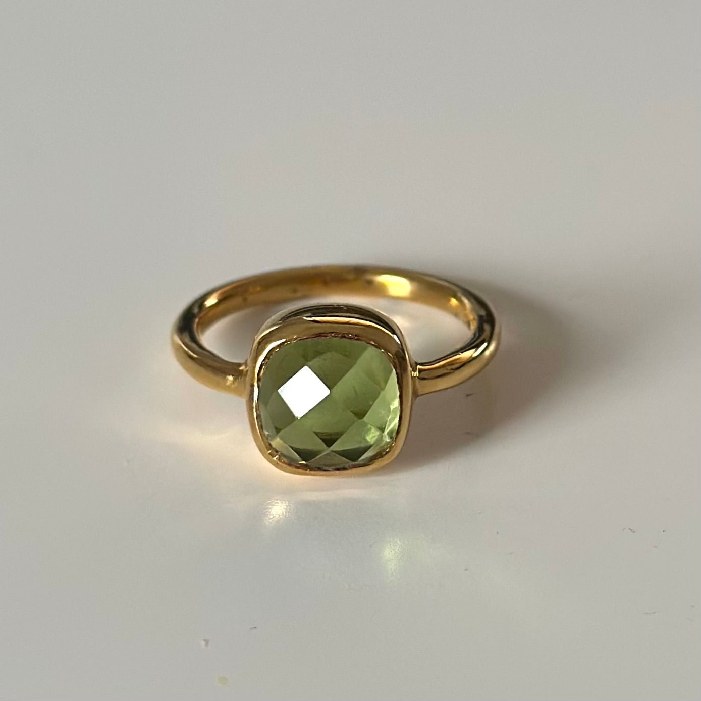 Faceted Square Cut Natural Gemstone Gold Plated Sterling Silver Solitaire Ring - Peridot