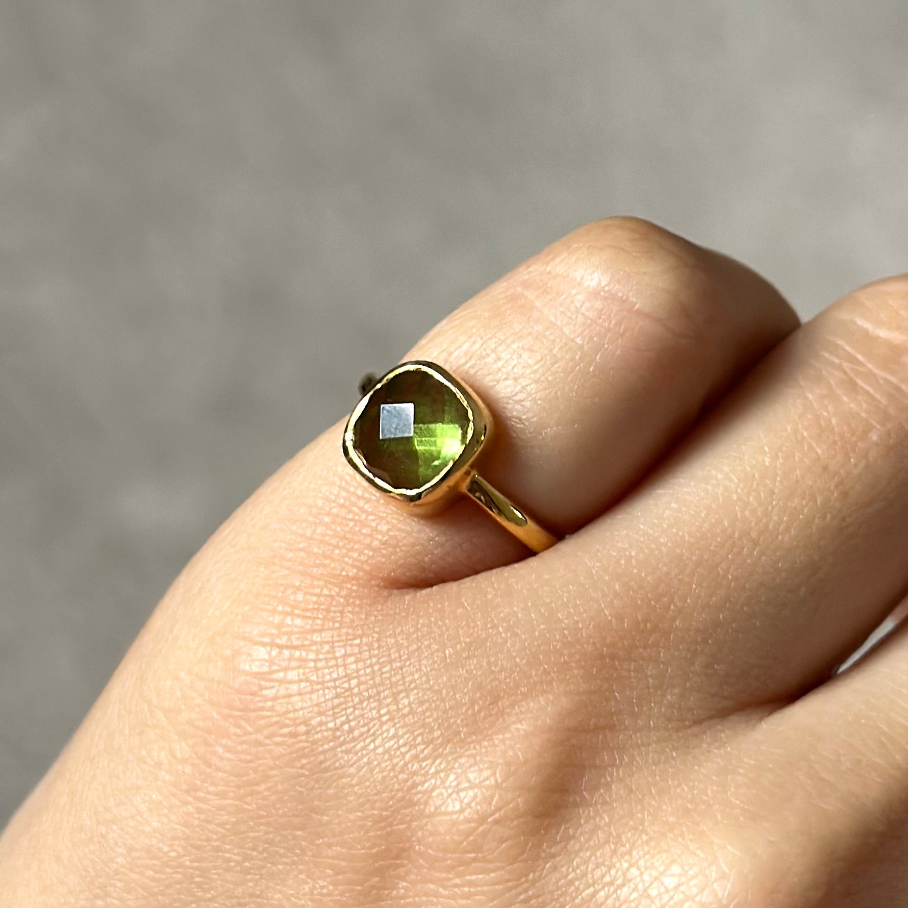 Faceted Square Cut Natural Gemstone Gold Plated Sterling Silver Solitaire Ring - Peridot